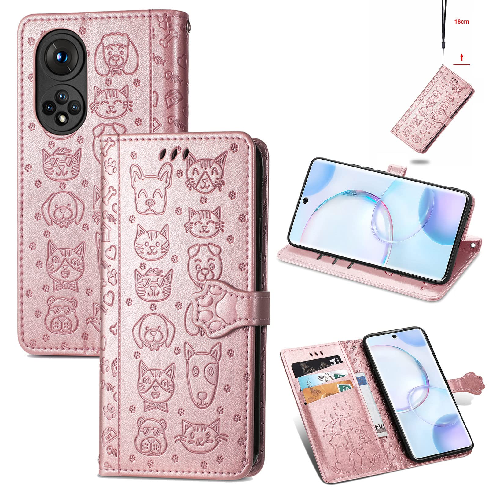 Cute Cartoon Cat & Dog Wallet Case for Huawei Honor 50/Nova 9 - PU Leather Flip Cover with ID Card Holder (Rose Gold) - Perfect for Daily Use, Travel & Shopping