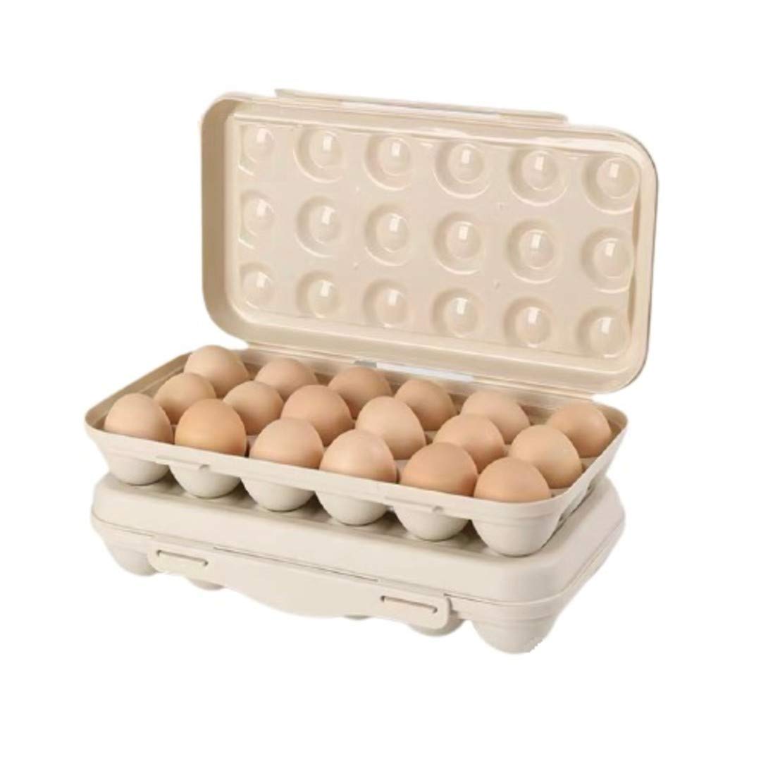 Premium Plastic Egg Holder Storage Box with Snap-On Lid - Stackable, Freestanding Egg Tray for Freshness (18 Grid, Cream) - Ideal for Refrigerator Organization & Farm Fresh Egg Storage