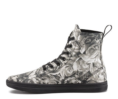 HACKNEY Black and Grey Skull with Rose Print Canvas Boots for Men - Gothic Punk Fashion, Streetwear, Casual Wear, and Motorcycle Riding