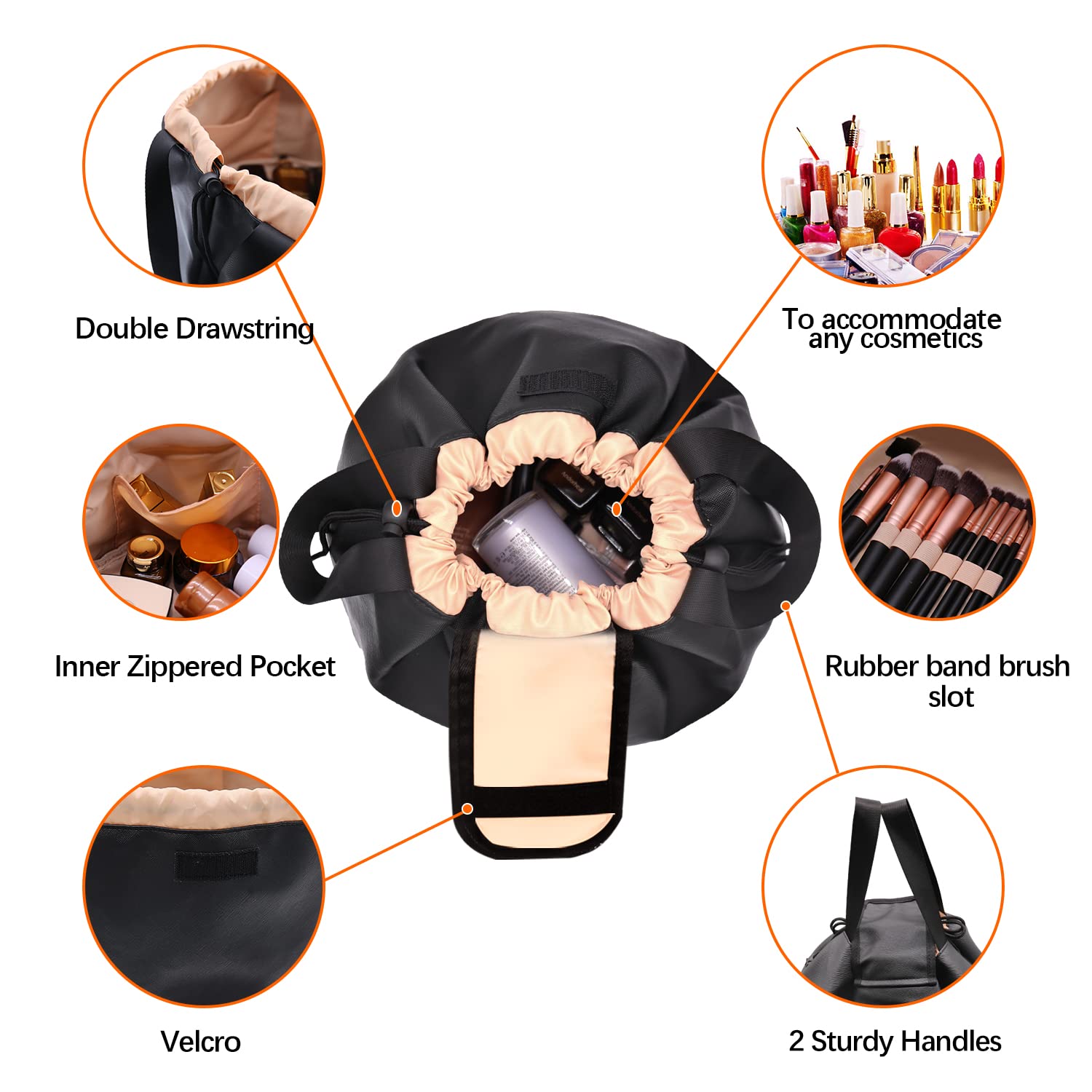 Large Leather Drawstring Makeup Organizer Bag - Waterproof Travel Cosmetic & Toiletry Pouch for Women's Brushes & Accessories (Black) - Perfect for Vacation, Gym, Daily Use & On-the-Go Organization