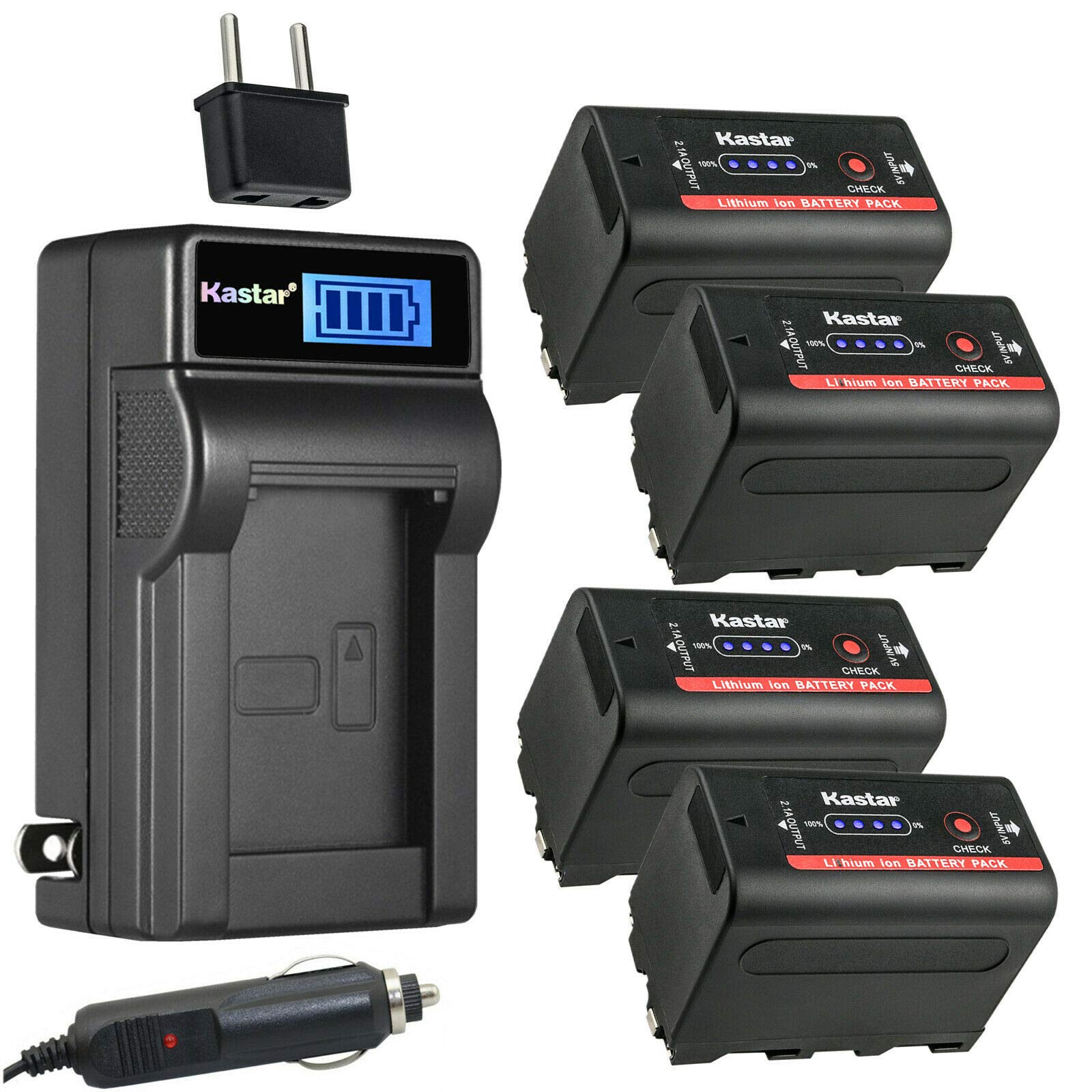 Kastar 4-Pack NP-F780EXP Replacement Battery & LCD AC Charger for Sony DCR-TV900 DCR-VX1000 DCR-VX2000 Series Camcorders - Perfect for Travel Vlogging, Documentary Filming & Professional Videography