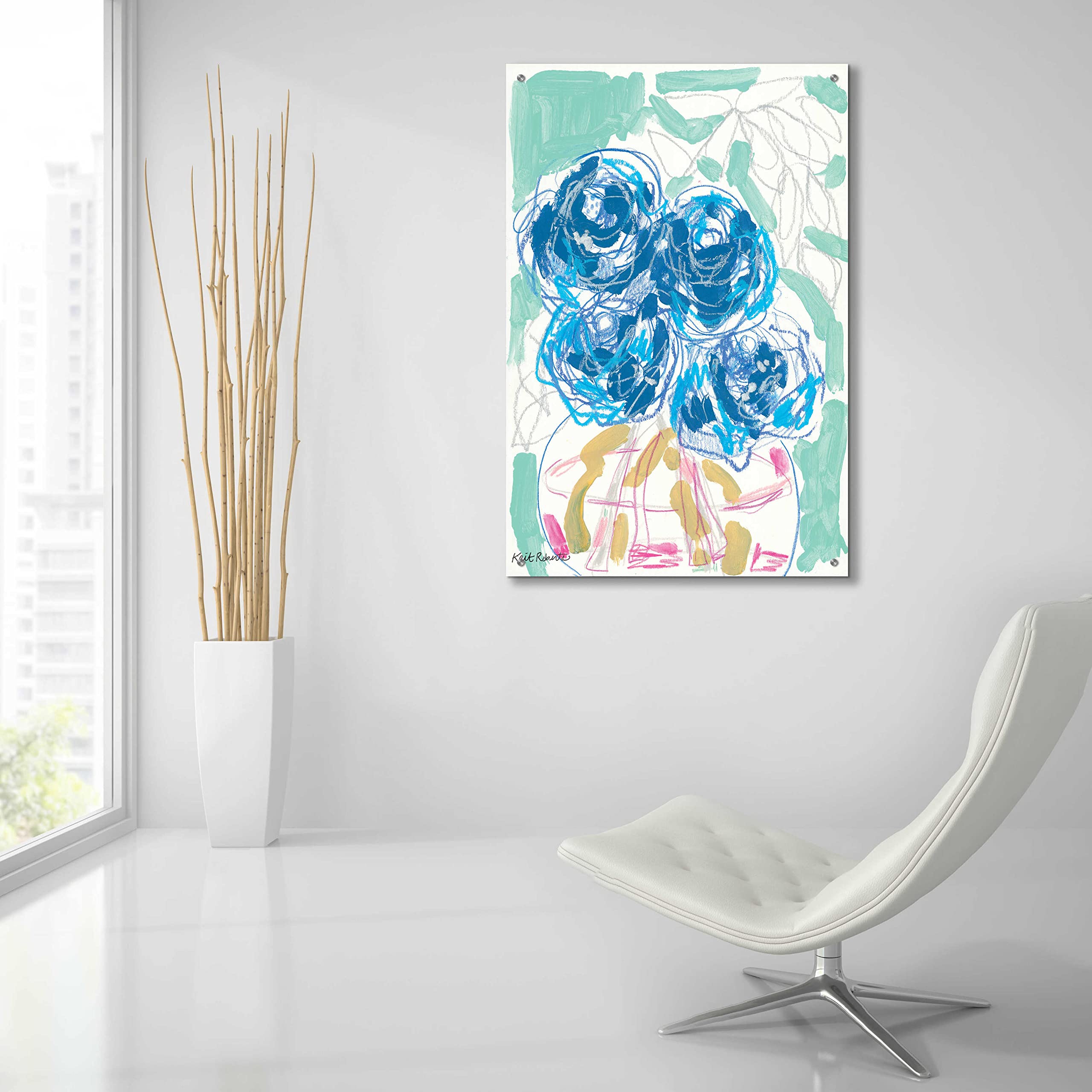 Kait Roberts 'Nightstand Blooms in Water' Acrylic Glass Wall Art - 24x36 Inches Modern Abstract Floral Painting - Perfect for Living Room, Bedroom & Office Decor