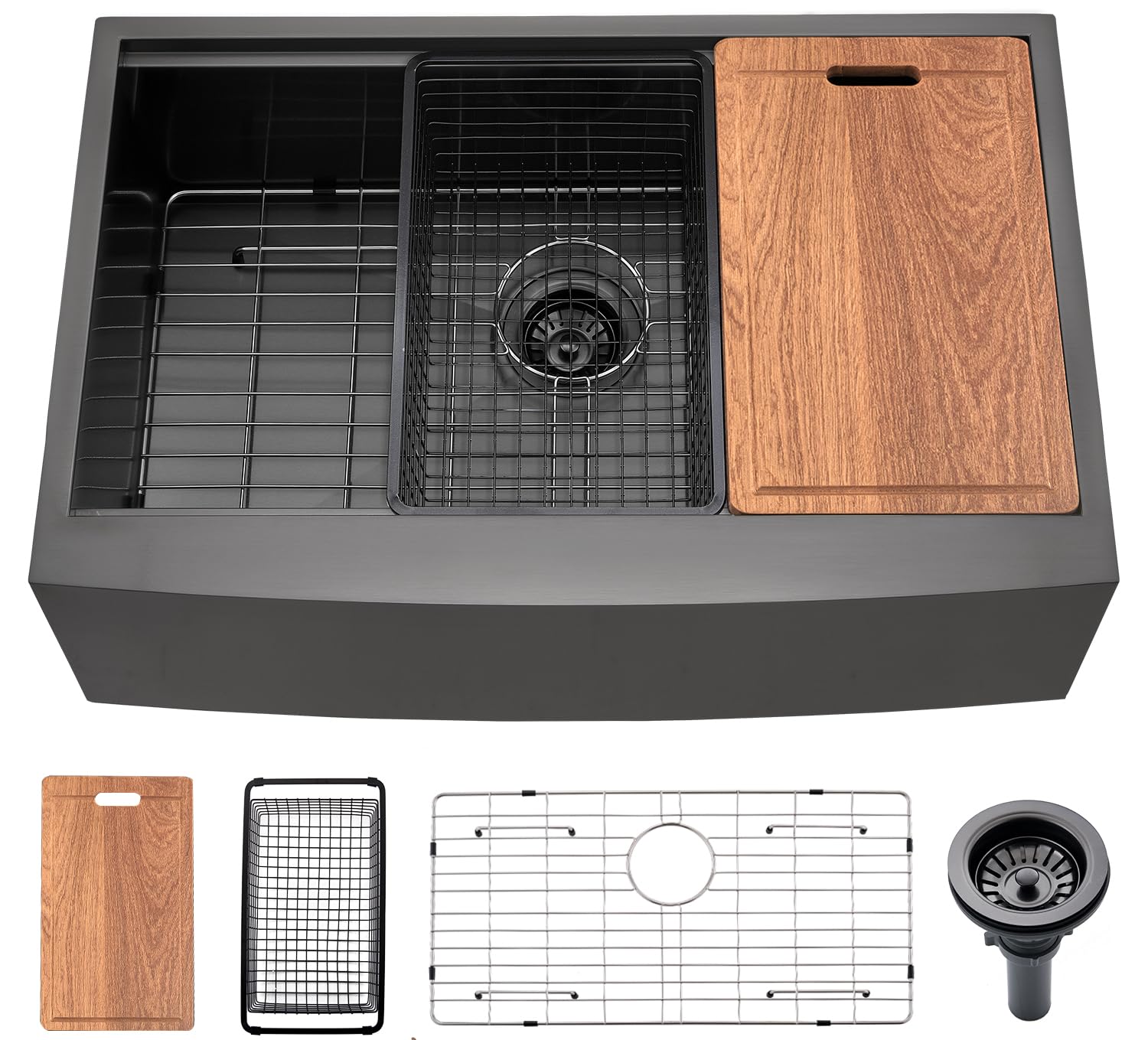 30 Inch Black Undermount Farmhouse Kitchen Sink - 16 Gauge Stainless Steel Apron Front Sink with Accessories (30