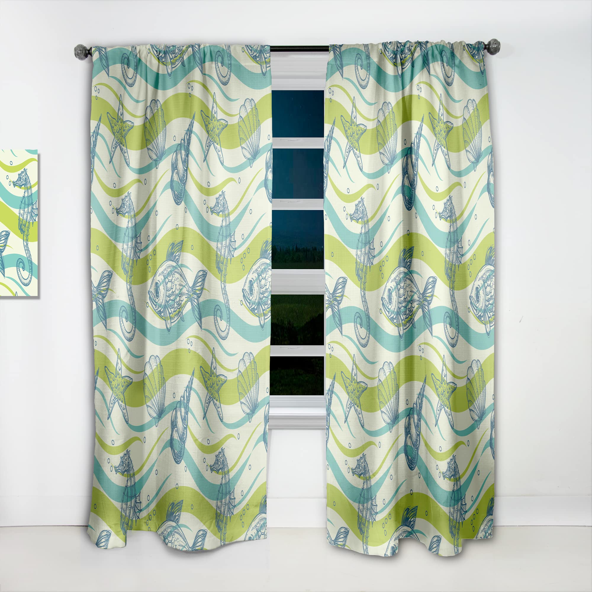 DesignQ Thermal Insulated Blackout Curtains - Underwater Sea Life with Seahorse & Starfish Print - Single Panel 52x95 Inches - Perfect for Bedroom & Living Room - Ocean Theme Home Decor