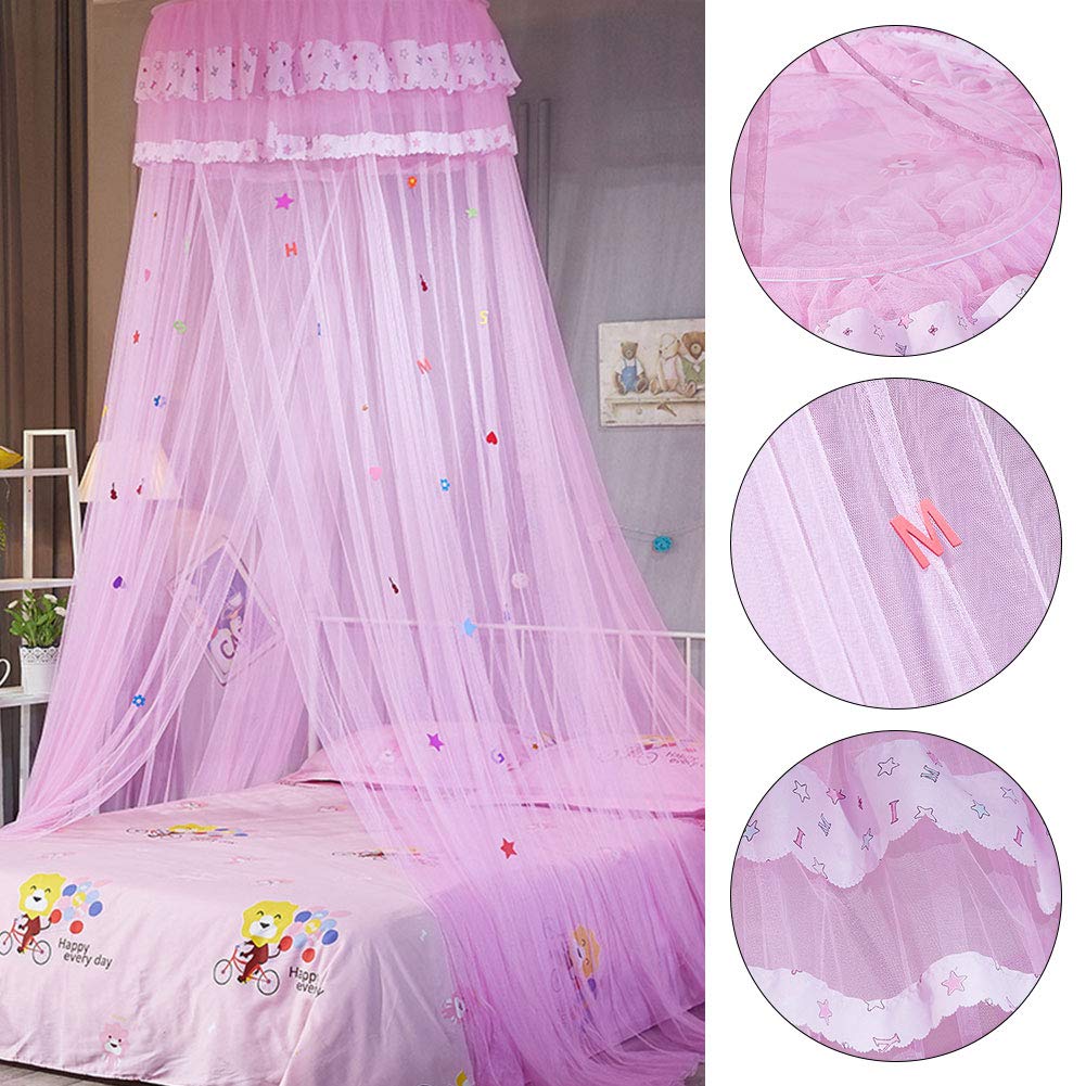 Pokerty Pink Princess Lace Canopy Bed Curtain for Girls - Round Mosquito Net with Romantic Lace Design - Perfect for Kids Bedroom Decor & Fairy Tale Themed Sleepovers