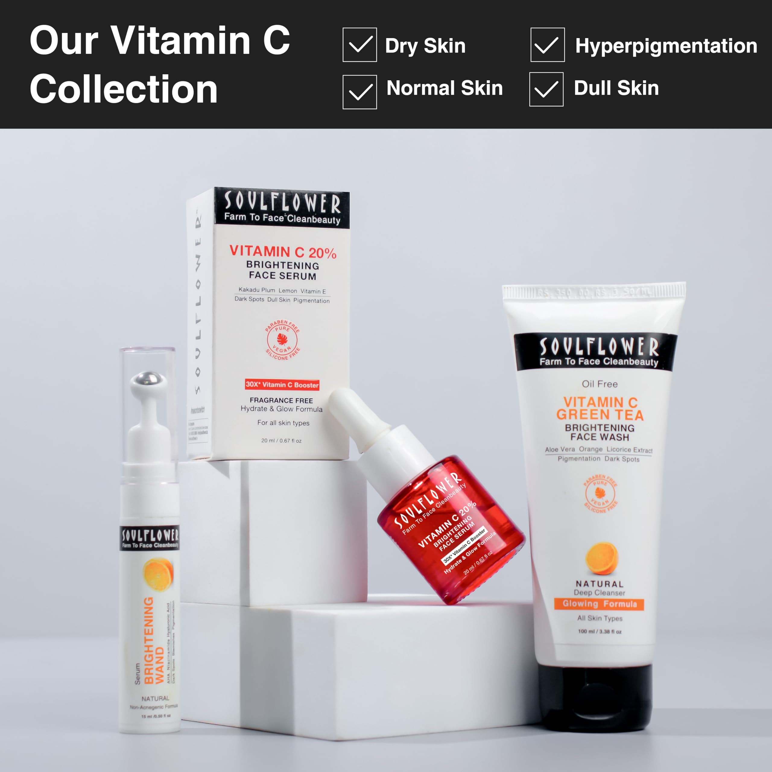 Soulflower 20% Vitamin C Face Serum for Glowing Skin - Dark Spot Corrector & Pigmentation Treatment with Kakadu Plum, Lemon, Succinic Acid & Vitamin E - 30X Vitamin C Booster Formula (20ml) - Perfect for Daily Skincare Routine & Anti-Aging Care