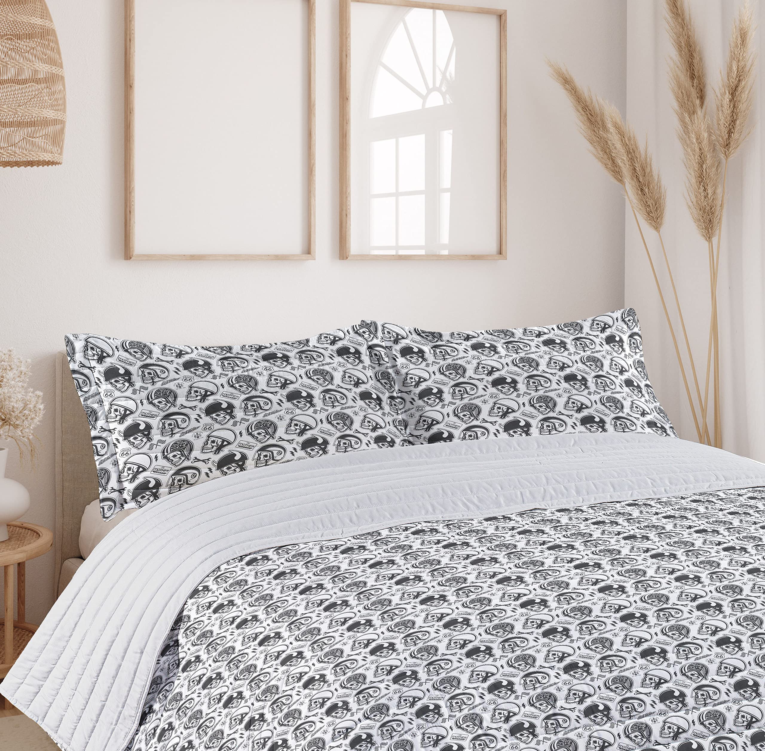 Ambesonne Men's Microfiber Bedspread Set - Grey Skull Biker Design, Soft Comforter with Pillow Shams, King Size Charcoal Grey & White | Perfect for Motorcycle Enthusiasts, Man Caves & Biker Themed Bedrooms