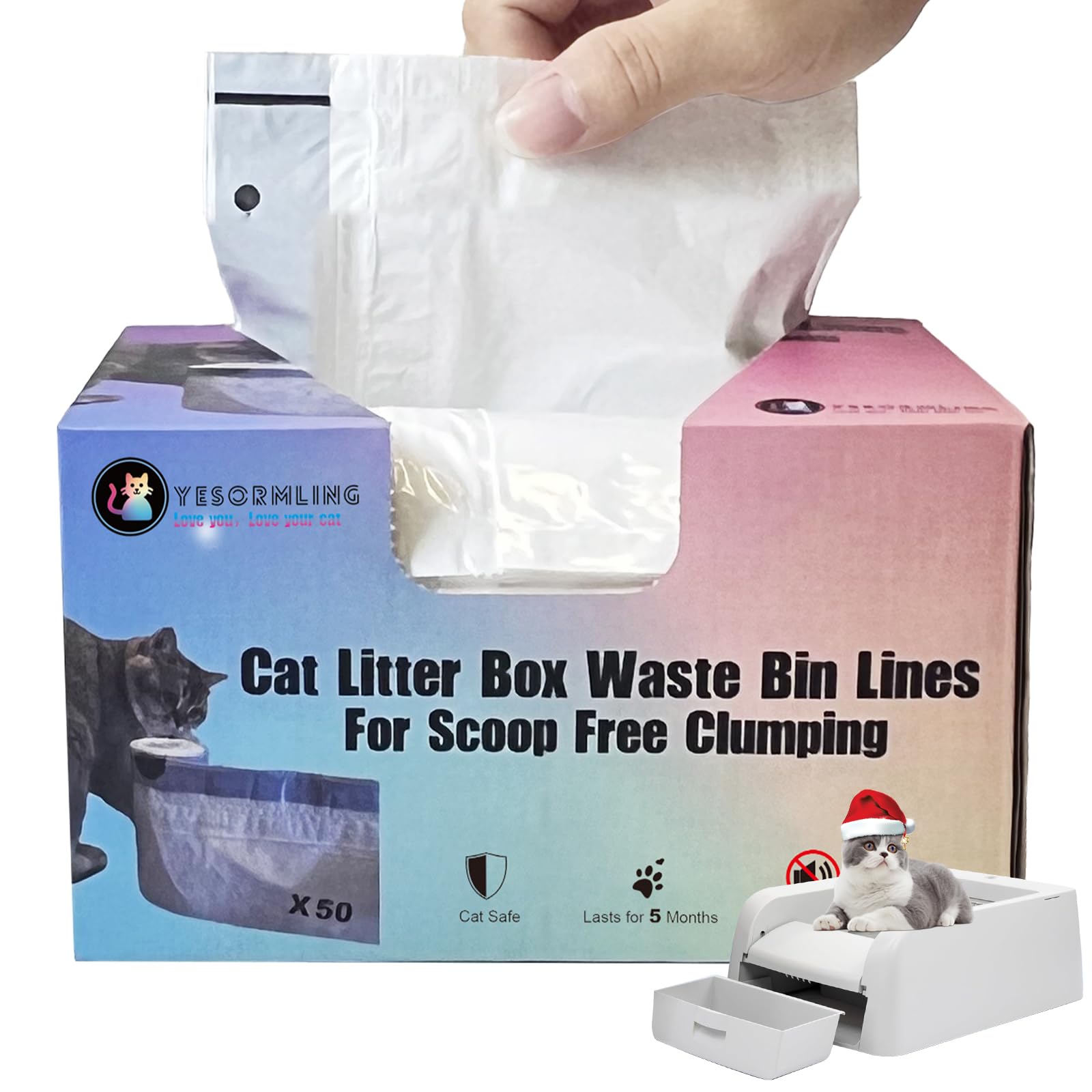 50 Count Cat Litter Box Liners - Compatible with PetSafe Scoop Free Self Cleaning Litter Box | Drawstring Waste Bags for Easy Cleanup | Replaceable Litter Box Liners for Cats | Perfect for Odor Control & Hassle-Free Cleaning (50 Pack)