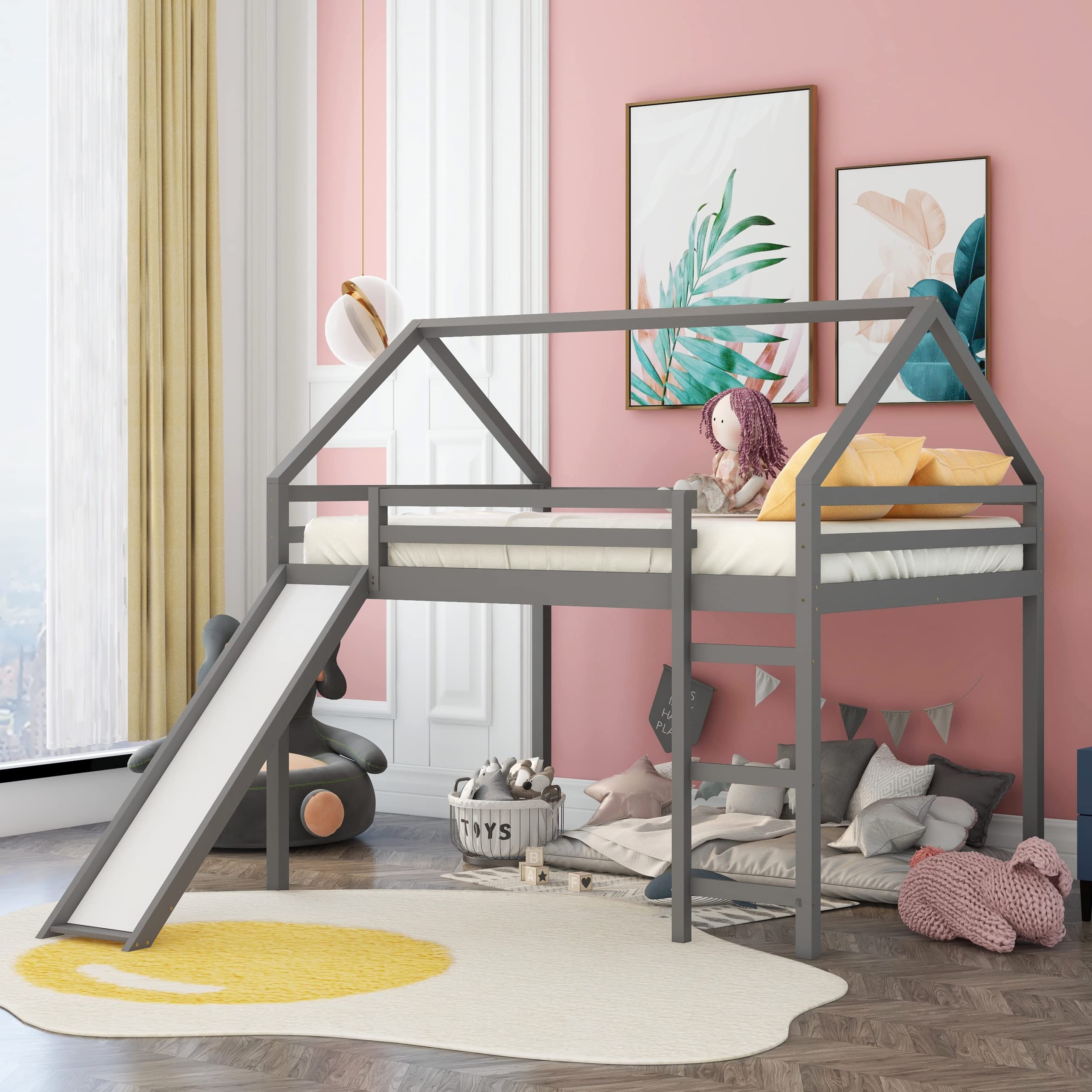 Full Size Loft Bed with Slide - Solid Wood Kids House Bed Frame for Girls & Boys in Gray | Playroom, Bedroom & Dorm Furniture for Fun & Space Saving