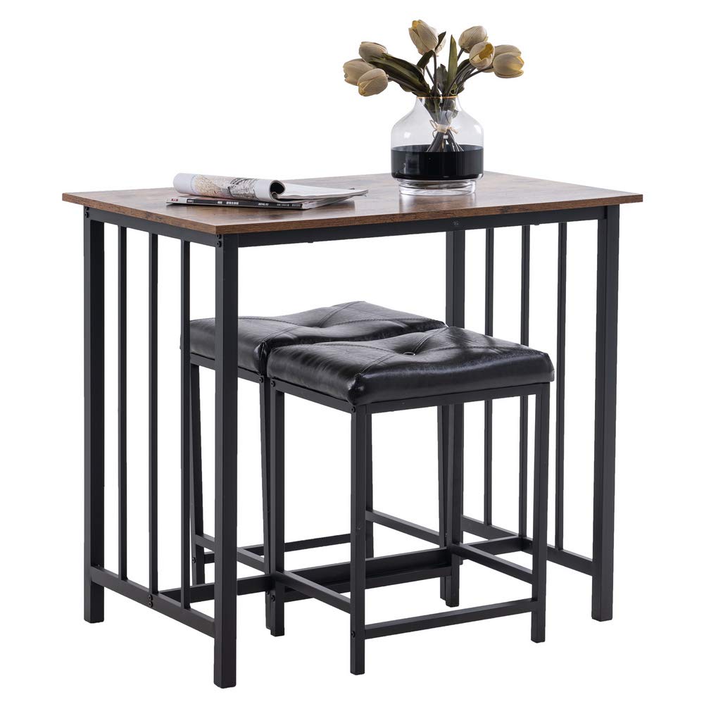 Houstory 3-Piece Counter Height Dining Table Set with 2 Faux Leather Backless Stools - Compact Space-Saving Wooden Bar Table & Chairs for Kitchen, Breakfast Nook, Small Apartment, Bonus Room & Home Office