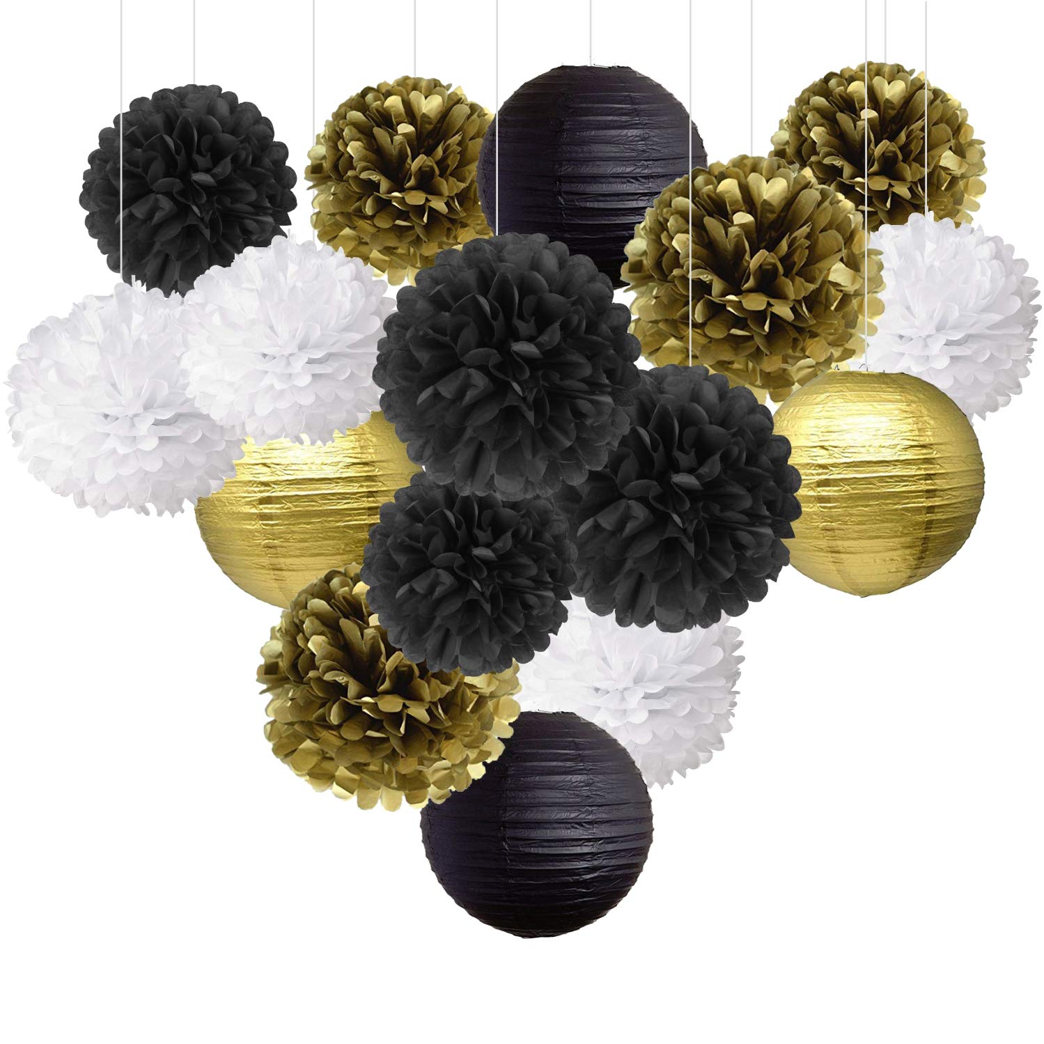 Gold Black White New Year's Party Decorations Kit - Tissue Paper Pom Poms, Paper Lanterns & Hanging Decorations for NYE, Birthday Celebrations | Perfect for Home, Office & Event Decor