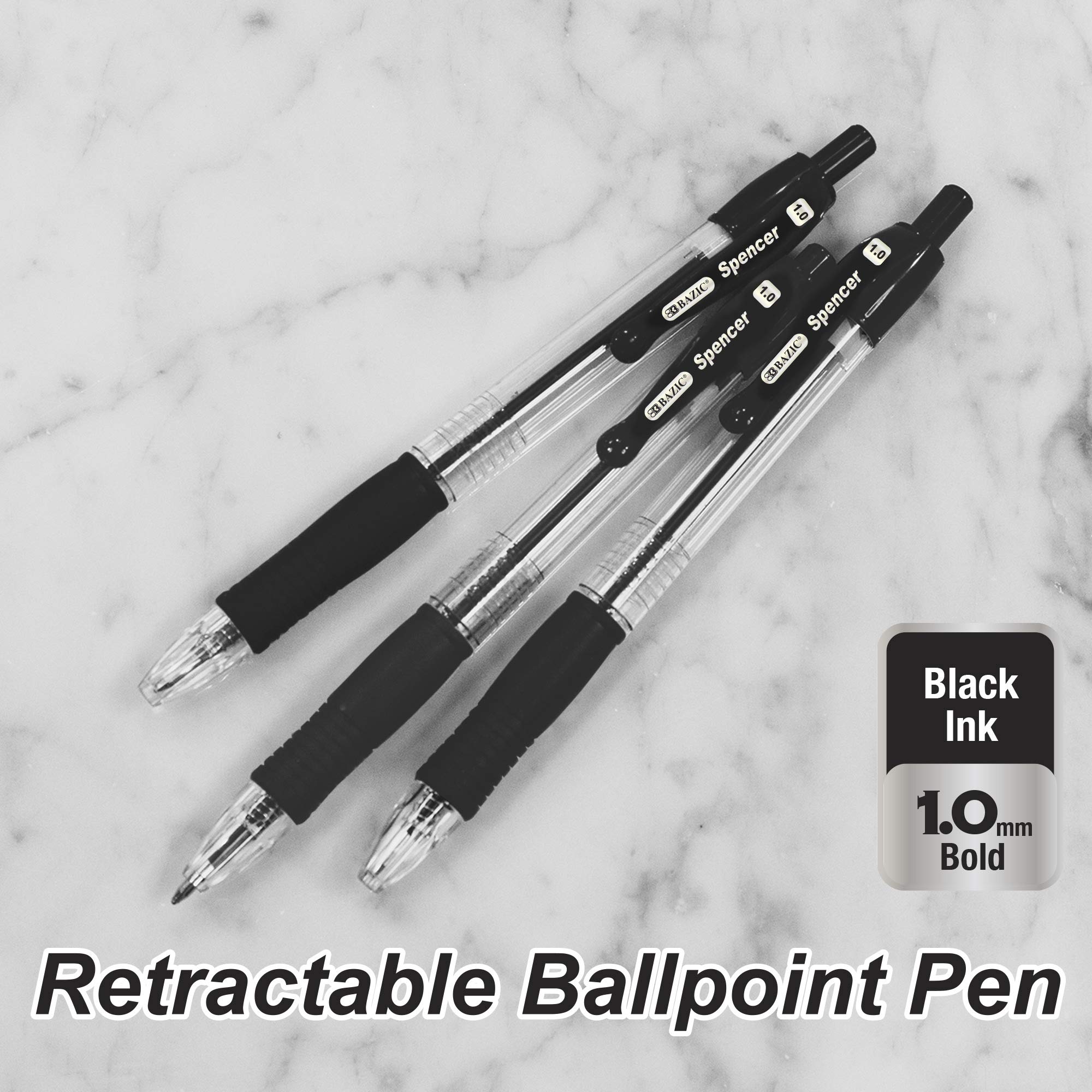 BAZIC Retractable Ballpoint Pens 1.0mm Bold Point - 144 Pack (5 Pens/Pack) - Smooth Writing Office & School Supplies with Soft Grip for Teachers, Students & Professionals - Perfect for Note Taking, Exams & Daily Writing Tasks