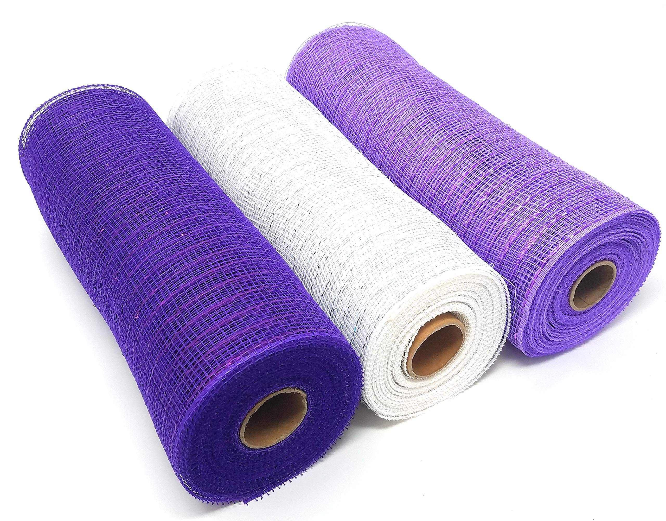 10 Inch Wide 10 Yard Lilac Summer Floral Mesh Rolls (Pack of 3) - Purple, White & Lilac Crafting Wire for DIY Wreaths, Home Decor & Wedding Centerpieces