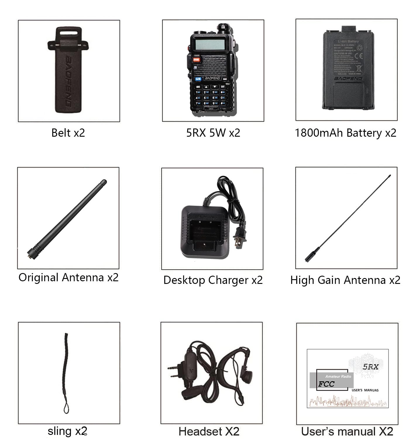 BAOFENG UV-5RX 5W Upgraded Ham Radio - Long Range Two Way Radio Walkie Talkie (144-148MHz & 430-450MHz) with High Gain Antenna, 1800mAh Battery & Earpiece (2 Pack) - Ideal for Outdoor Adventures, Emergency Communication, and Security Teams