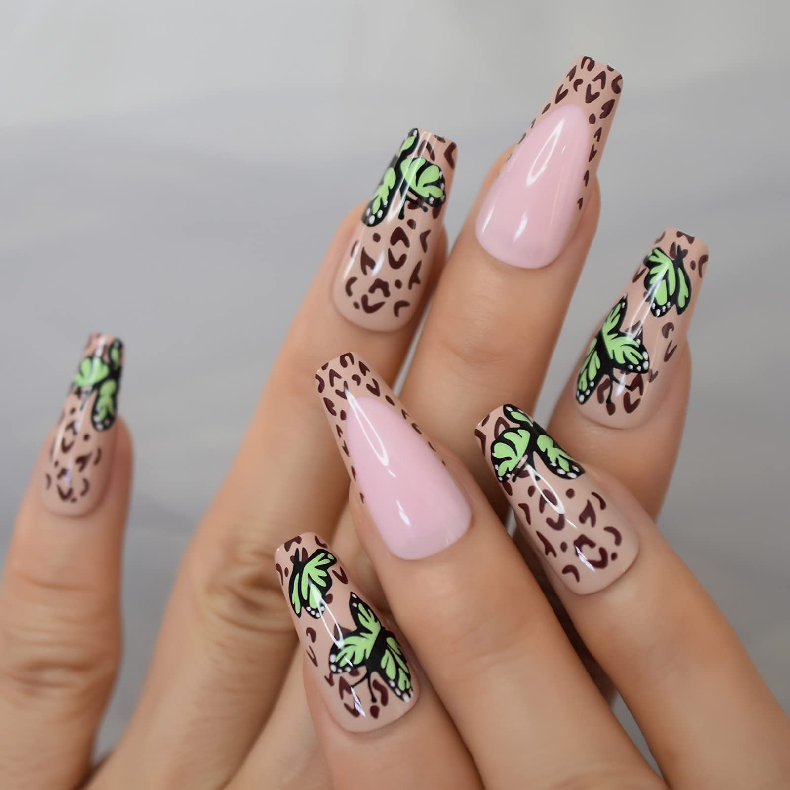 Long Ballerina Press On Nails - Coffin Butterfly & Leopard Design False Nails Set | Acrylic Nail Tips for European & American Style | Perfect for Parties, Weddings & Special Occasions