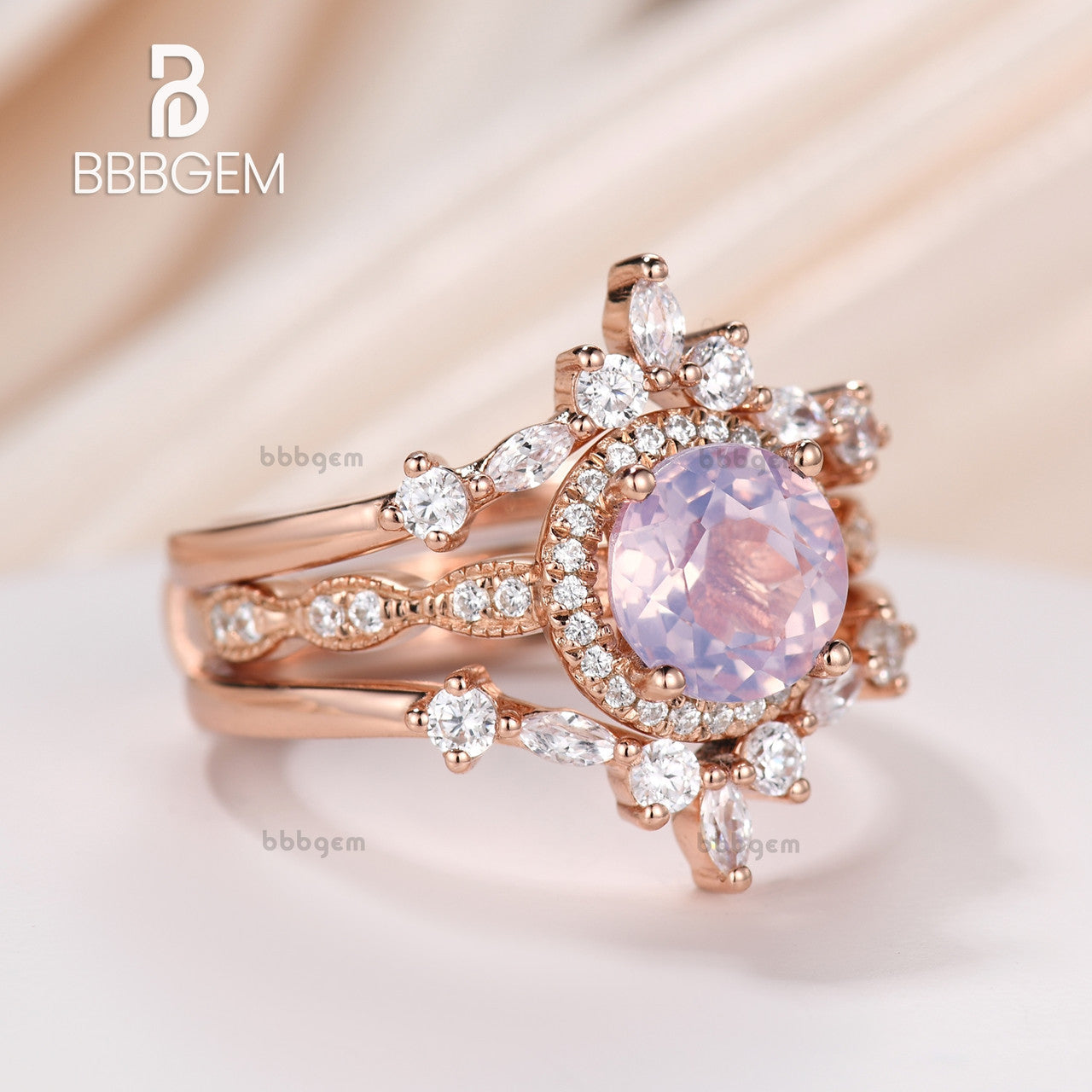 7mm Round Natural Light Purple Lavender Amethyst & Moissanite Ring Set - Rose Gold Double Enhancer Band for Halo Engagement Rings | Wedding, Anniversary, Valentine's Day Gift