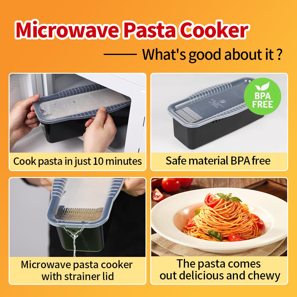 Microwave Pasta Cooker with Strainer Lid - 4 Serving Quick & Easy Pasta Maker | Perfect Spaghetti Cooker for Dorm, Kitchen & College Life (Black) | Ideal for Quick Meals, Student Cooking & Busy Lifestyles