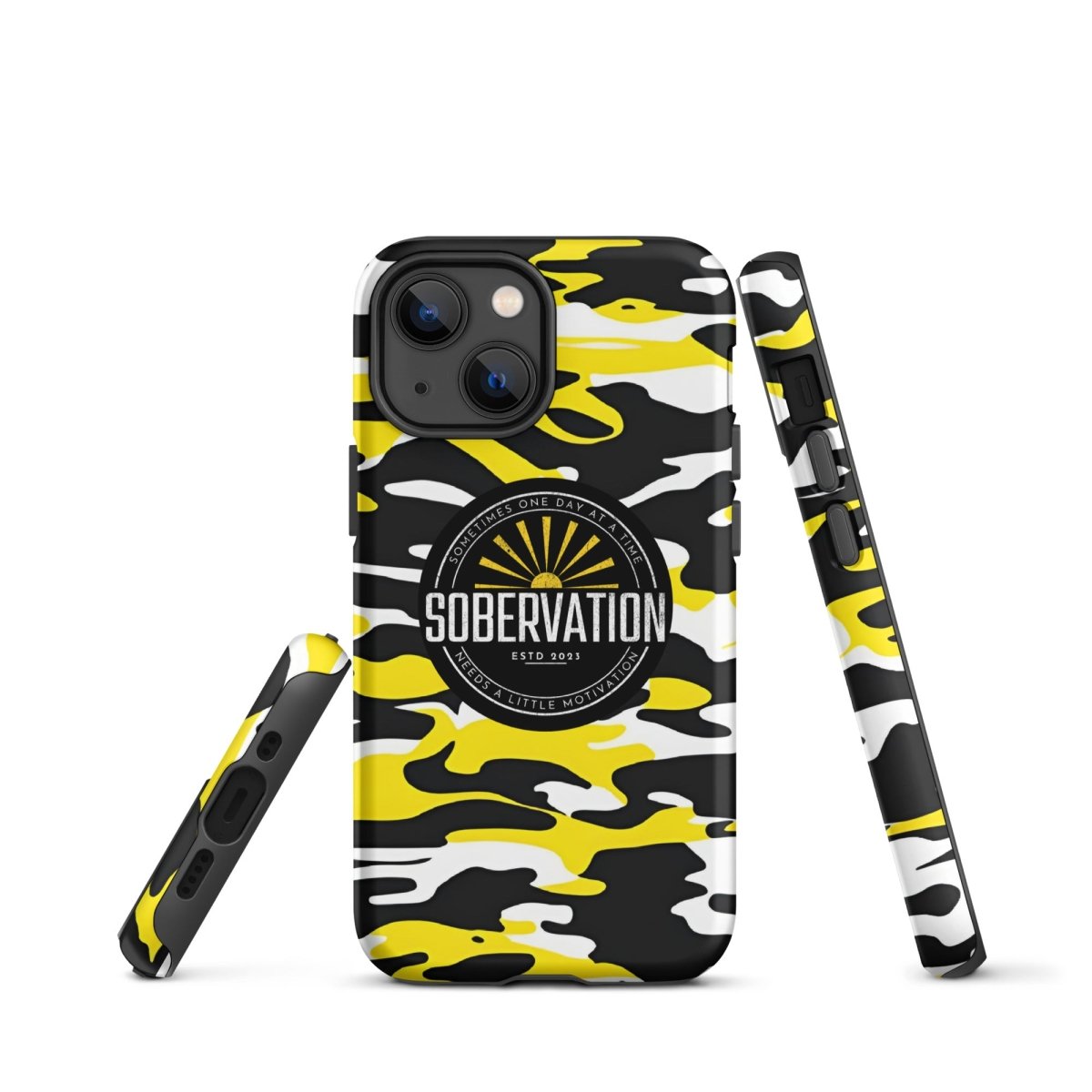 Sobervation Yellow Camo iPhone Case - Durable Shockproof Protective Cover for iPhone 14/13/12/11 Pro Max XR XS - Perfect for Outdoor Adventures, Hiking & Travel