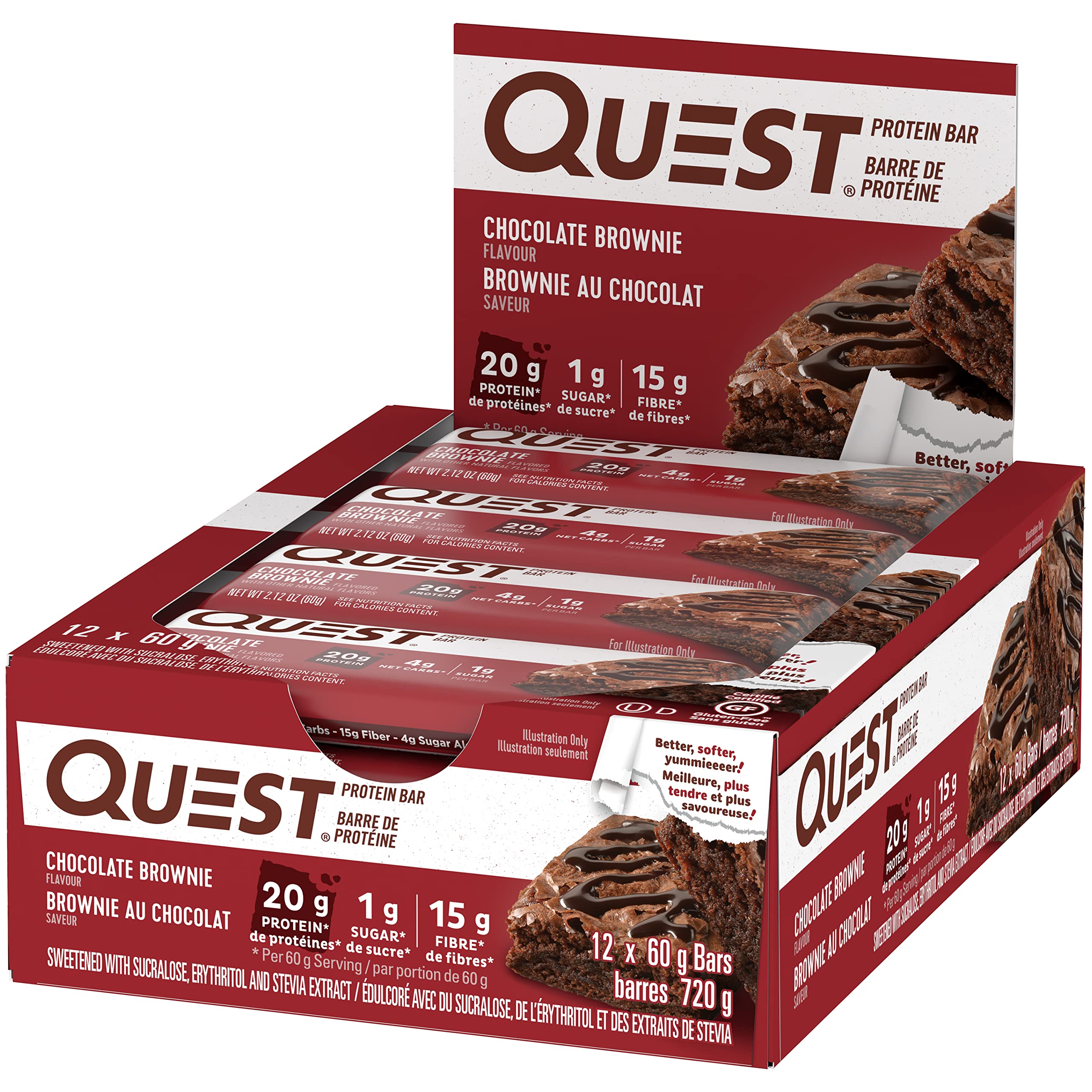 Quest Nutrition Chocolate Brownie Protein Bar - 20g Protein, 1g Sugar, High Fiber, Keto Friendly, Gluten Free - 12 Pack - Perfect for Post-Workout Recovery, Healthy Snacking & Low Carb Diet