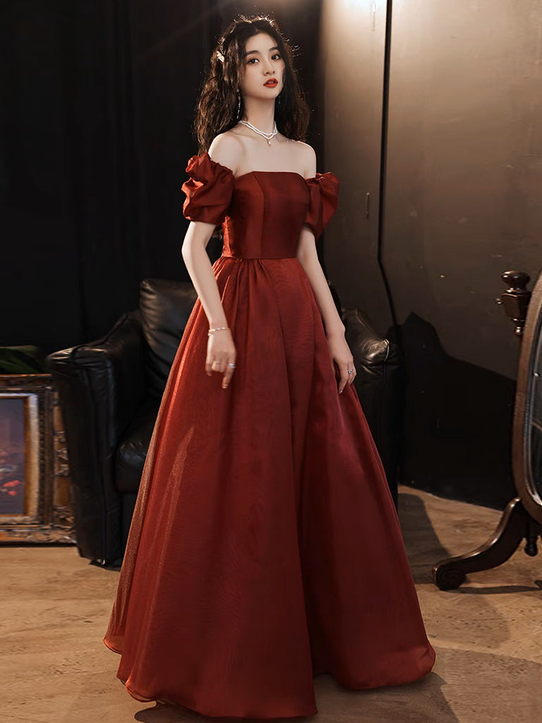 Elegant A-Line Puff Sleeves Organza Burgundy Long Prom Dress & Evening Gown for Homecoming, Wedding, Party - Formal Occasions & Special Events