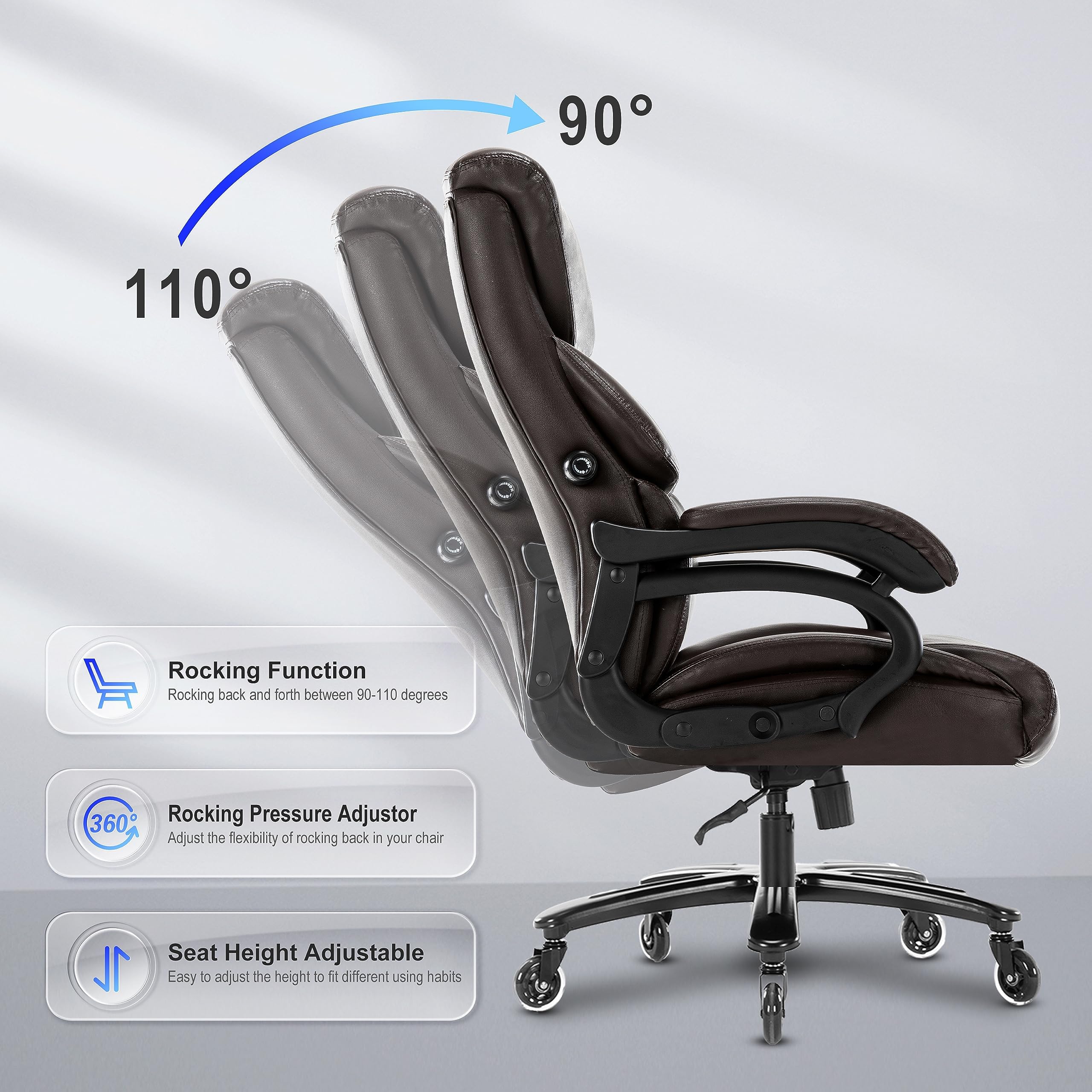 Big and Tall Office Chair 500 LBS Capacity - Heavy Duty Executive Chair for Large People with Adjustable Lumbar Support & Sturdy Wheels - Black/Brown Faux Leather Desk Chair - Perfect for Home Office, Gaming & Workspaces