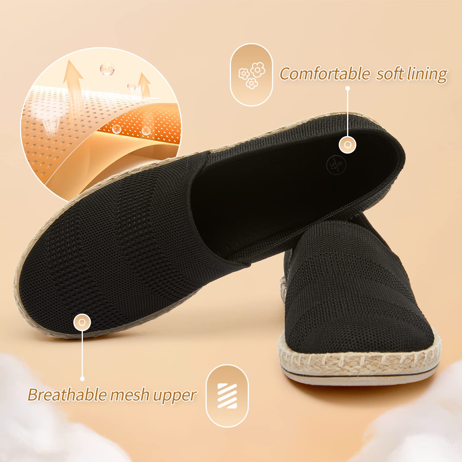 POVOGER Women's Black Mesh Slip-On Loafers - Breathable Soft Casual Flats for Women | Comfortable Everyday Shoes for Work, Walking & Travel