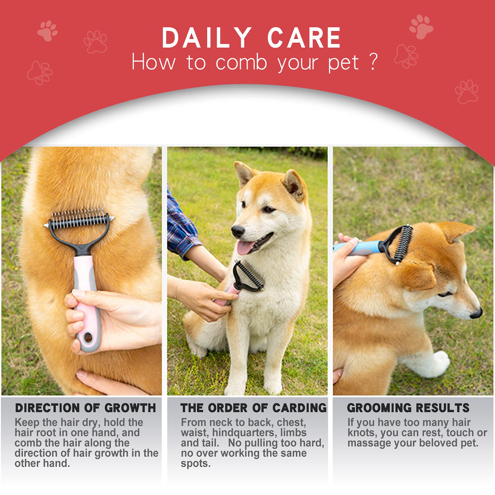 GOESWELL Double Sided Dog Brush for Shedding & Dematting - Undercoat Rake for Dogs & Cats - Grooming Tool Kit with Nail Clippers & File (3 Pack, Pink) - Perfect for Pet Hair Removal & Daily Grooming at Home