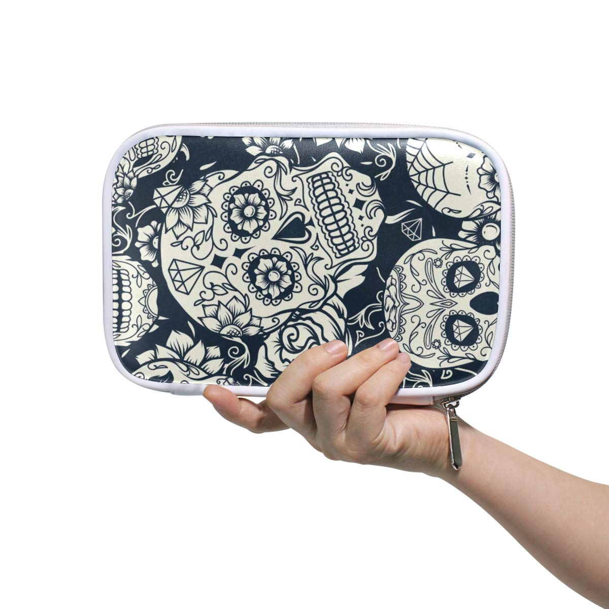 Vintage Sugar Skull Flower Zipper Pencil Case - Large Capacity Pouch for Pens, Makeup Brushes & School Supplies | Perfect for Students, Artists & Travel Organization