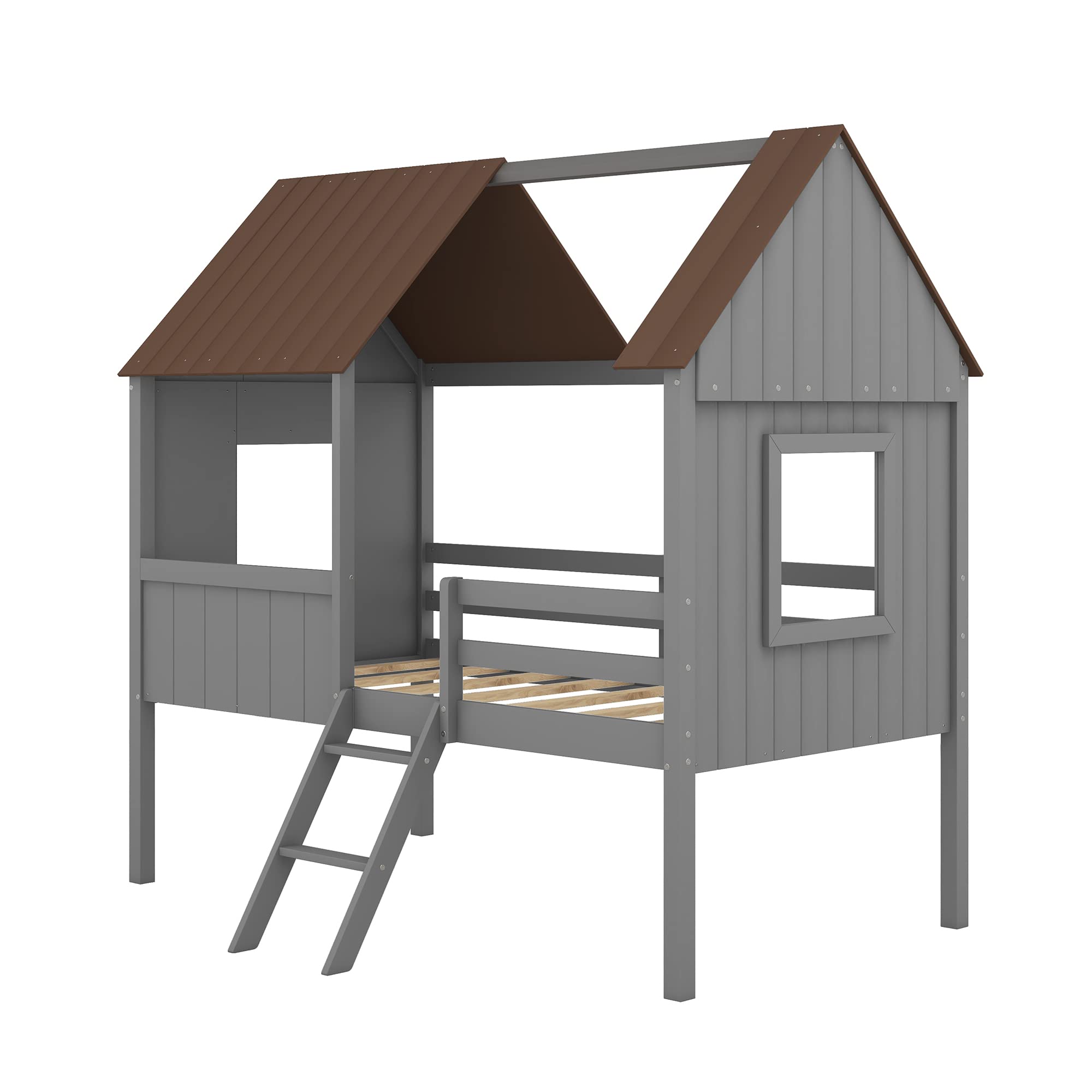 Twin Size Low Loft Bed for Kids - Wooden House Bed Frame with Side Windows, Roof & Safety Rails - Antique Gray - Perfect for Small Rooms & Play Areas