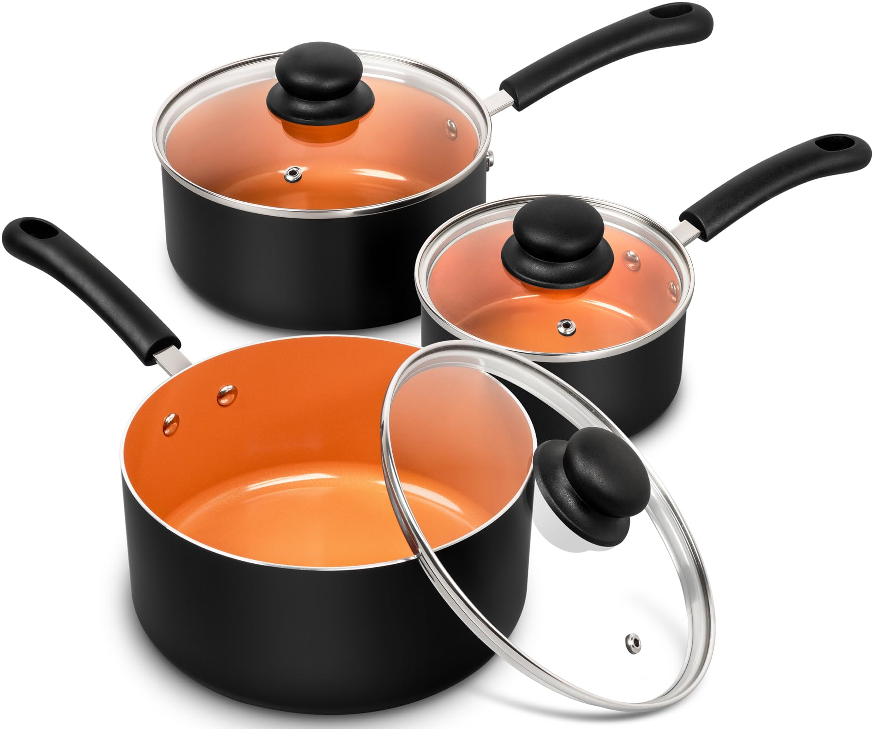 MICHELANGELO Nonstick Ceramic Saucepan Set with Lid - 1QT, 2QT & 3QT PFAS-Free Copper Cookware | Multipurpose Kitchen Pots for Cooking, Boiling & Simmering | Dishwasher Safe for Easy Cleaning | Perfect for Home Chefs & Everyday Meals