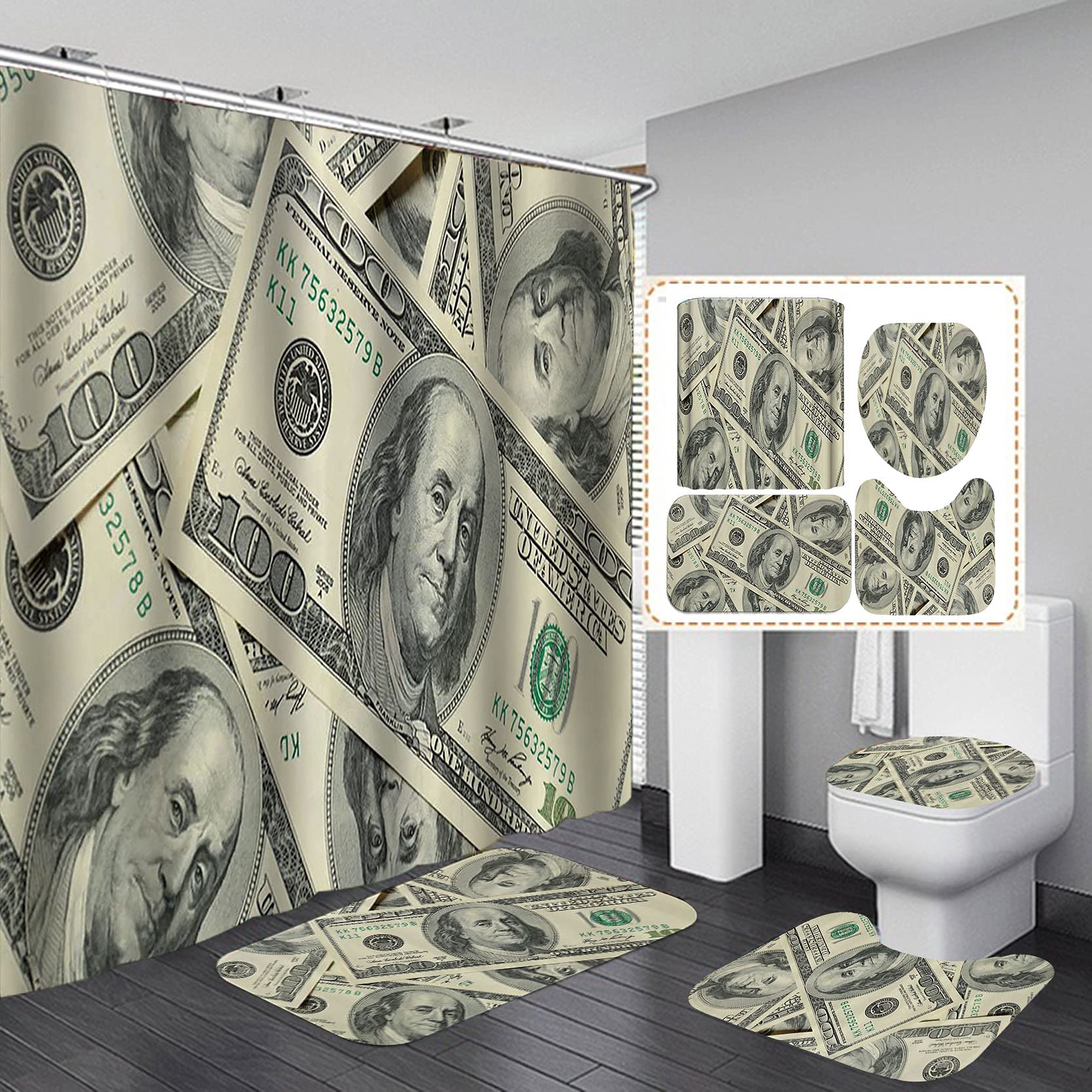 4PCS Luxury Money Shower Curtain Set - Waterproof US Dollar Bill Design Bathroom Decor with Non-Slip Rugs | Modern Cash Theme for Bath & Shower - Perfect for Themed Parties, Bachelor Pads & Unique Home Decor