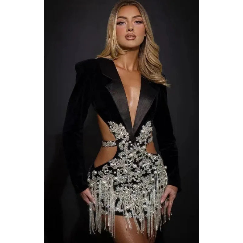 Luxury Black Mini Dress with Diamond Tassels & Notched Hollow Out Design - Elegant Evening Party Cocktail Dress for Women | Perfect for Date Night, Club Wear & Special Occasions
