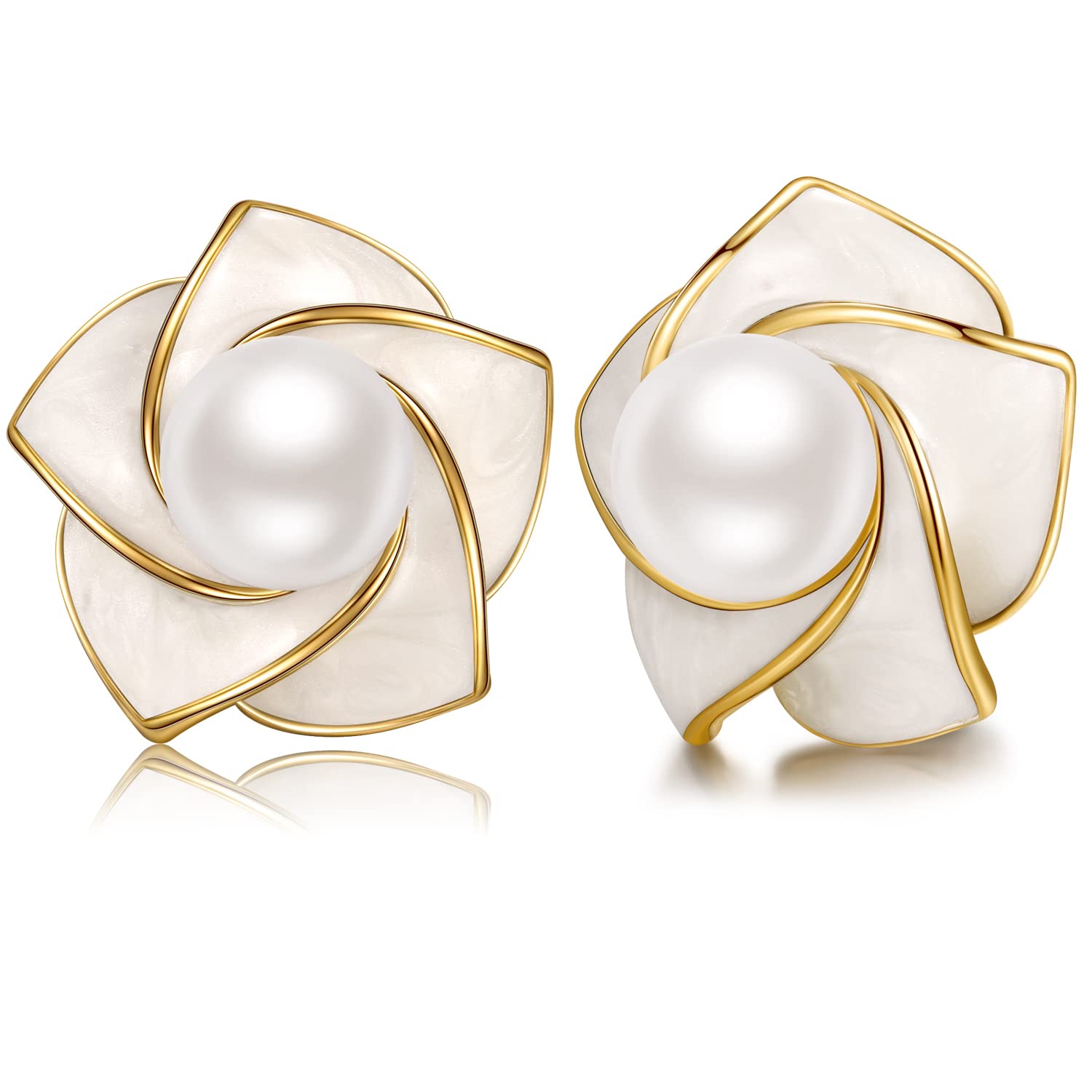 Handmade Pearl and Rose Flower Stud Earrings for Women - 14K Gold Plated 925 Sterling Silver Hypoallergenic Earrings for Girls | Perfect for Weddings, Parties & Everyday Wear