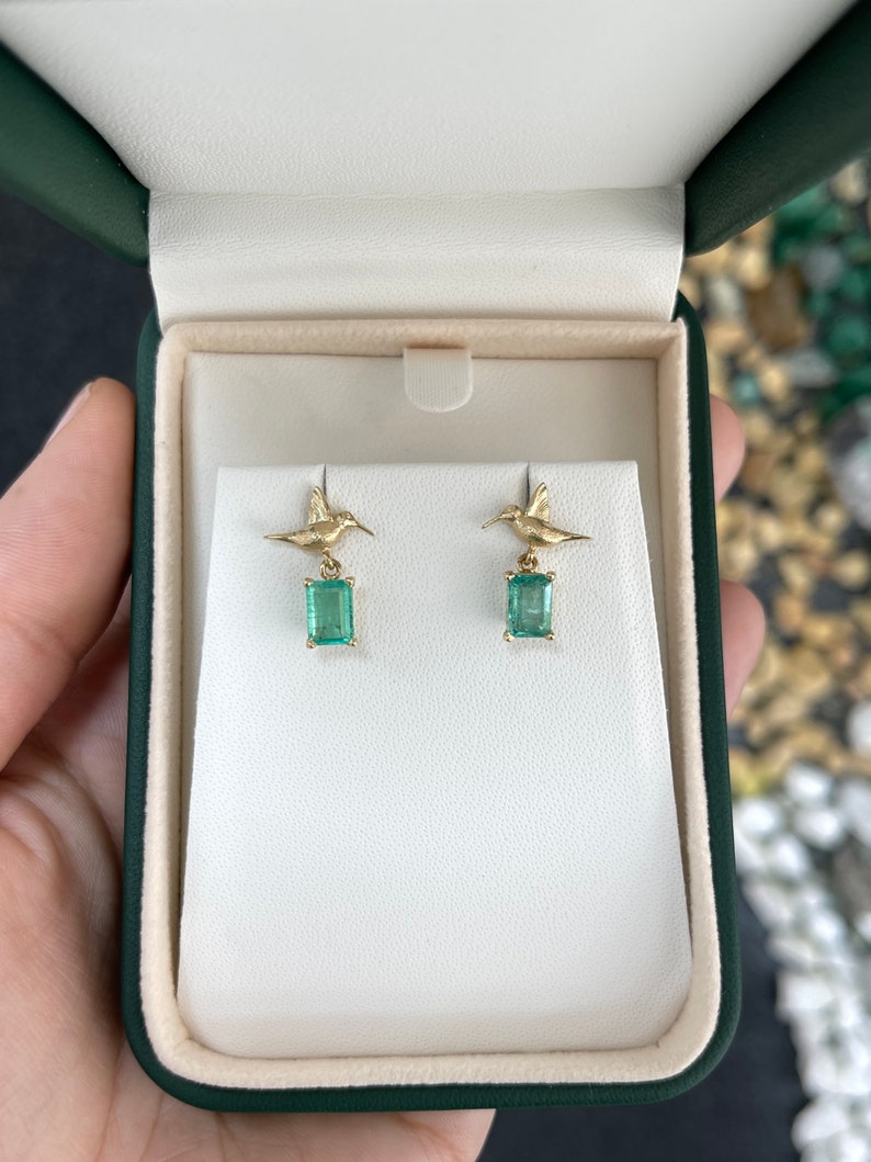 14K Gold Natural Emerald & Hummingbird Dangle Stud Earrings - 1.90tcw Elegant Jewelry for Women, Perfect Gift for Birthday, Anniversary & Special Occasions