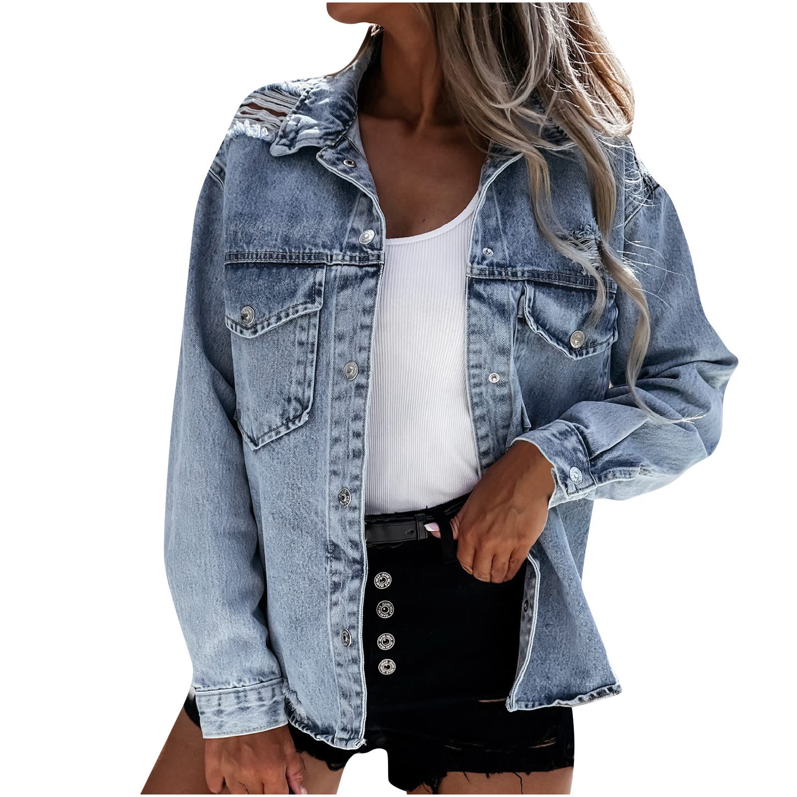 Posijego Women's Denim Jacket - Long Sleeve Casual Coat for Fall & Winter | Basic Outerwear for Everyday Wear | Perfect for Work, Travel and Outdoor Activities