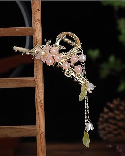 RUBELA Korean Style Hair Claw Clip - White Flower Tassel Hair Accessory for Wedding, Prom, Party & Special Occasions