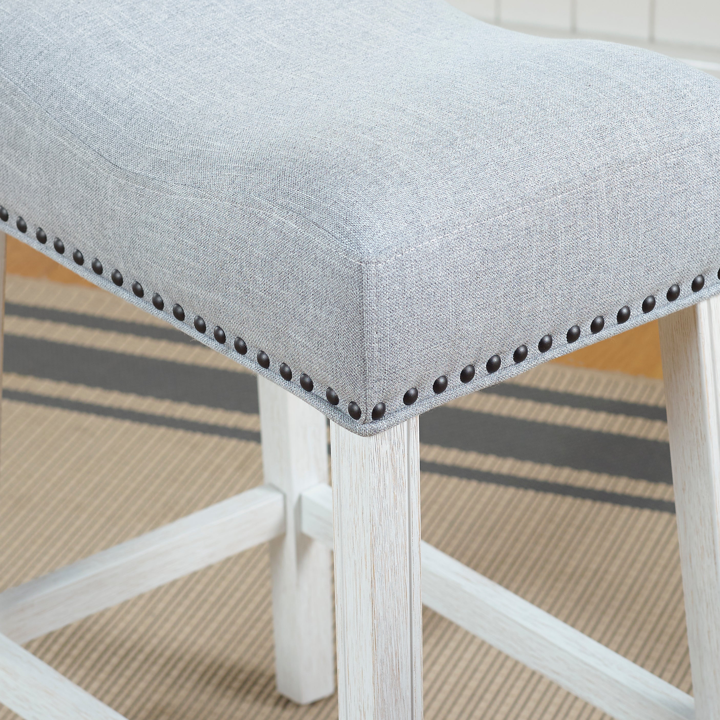 Roundhill Furniture CoCo Upholstered Counter Height Bar Stools - Set of 2, Gray Fabric with White Washed Finish, Saddle Seat - Perfect for Kitchen Islands, Breakfast Bars & Home Decor