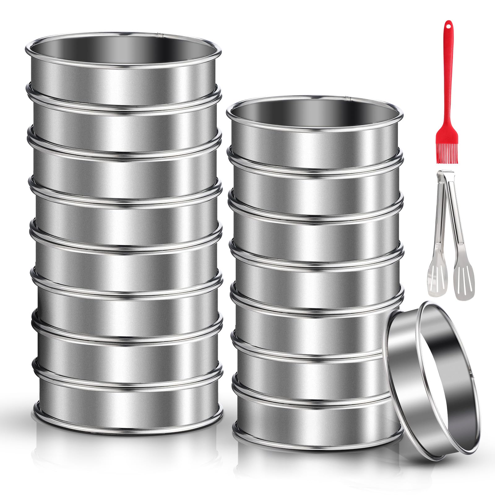 16 Pack Stainless Steel English Muffin Rings & Crumpet Rings Set - 4 Inch & 3.3 Inch Double Rolled Tart Rings, Round Cake Molds for Baking - Perfect for Homemade Pastries, Muffins, Tarts & Desserts - Includes Silicone Brush & Clamp for Easy Baking