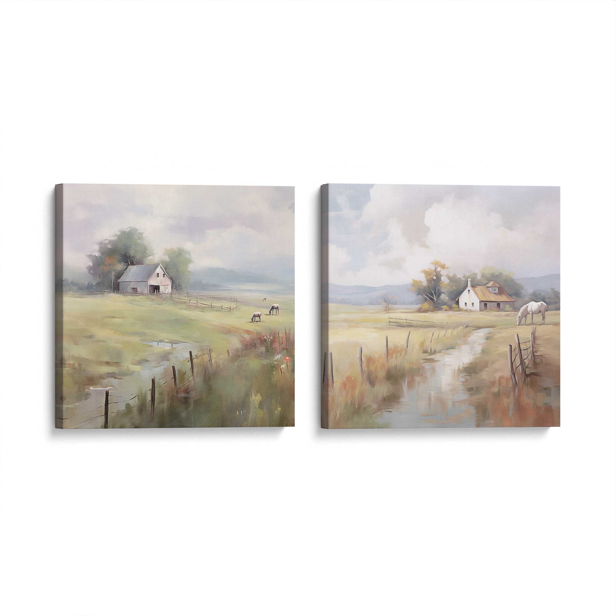 Countryside Farmhouse Bliss - Set of 2 Canvas Wall Art Prints for Living Room, Bedroom & Office Decor