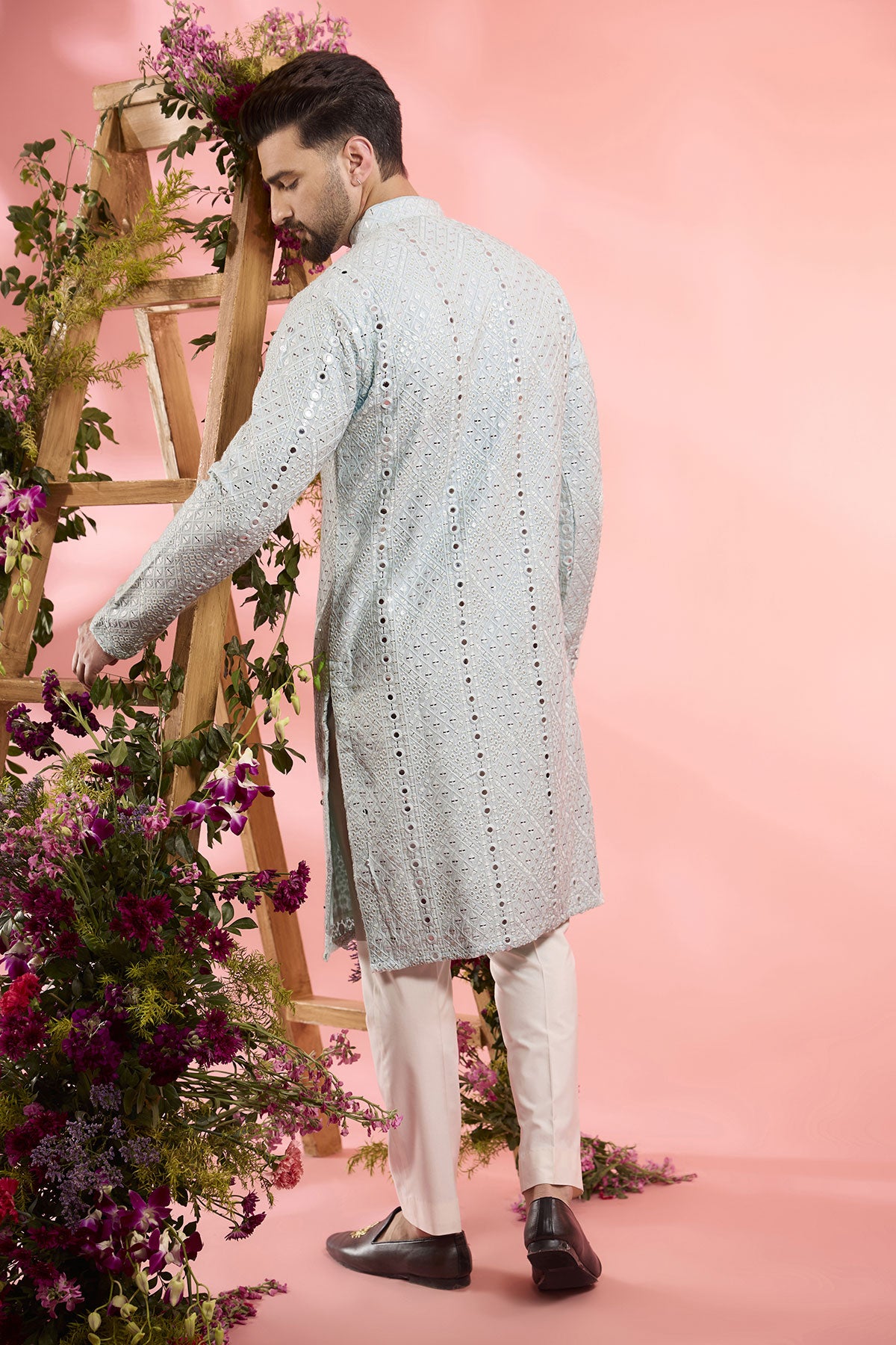 Elegant Powder Blue Silk Kurta with Mirror Work Embroidery - Perfect for Festivals, Weddings, and Special Occasions