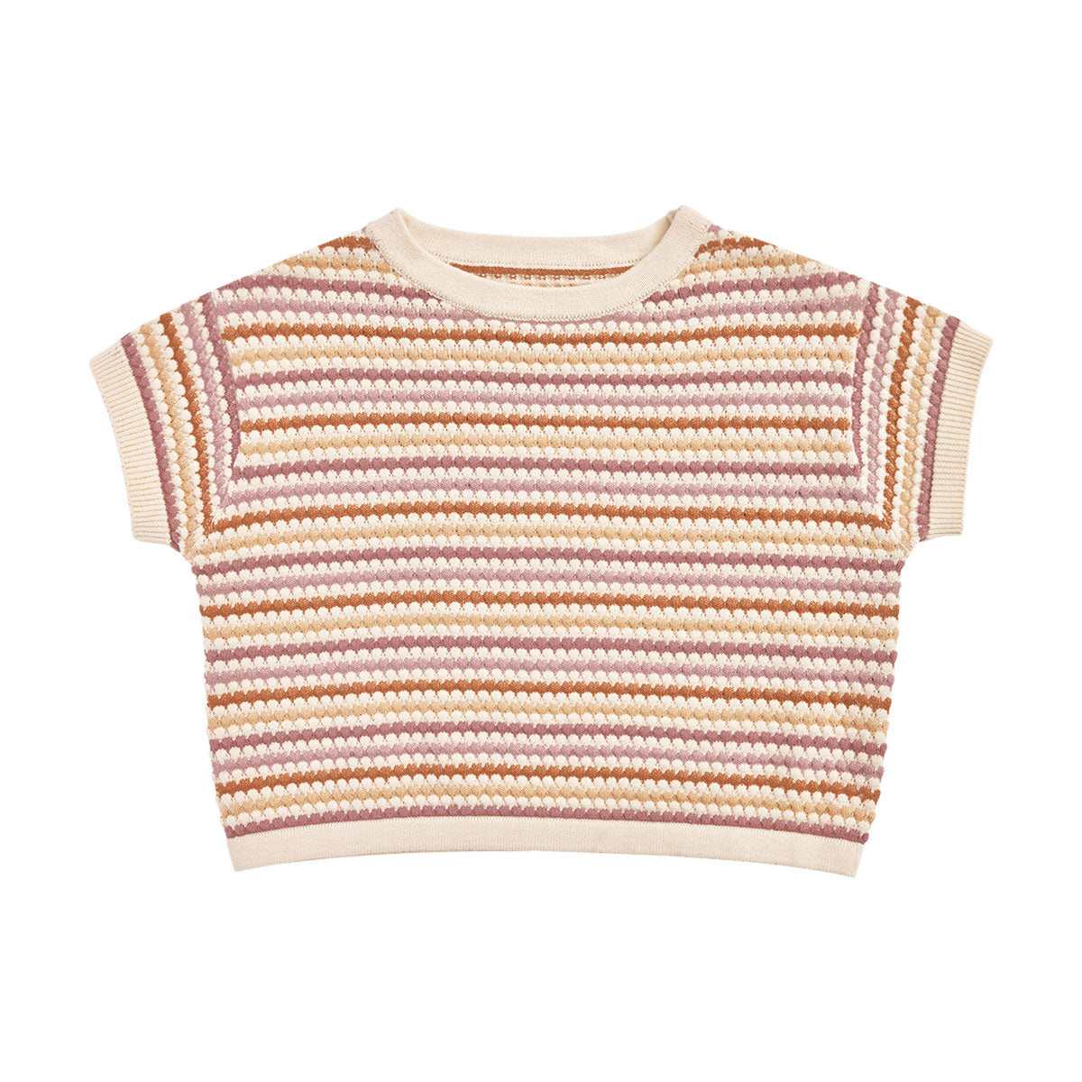 Stylish Boxy Crop Knit Tee - Honeycomb Stripe Pattern in Mulberry, Mauve, Clay & Sand - Perfect for Casual Outfits & Layering - FINAL SALE