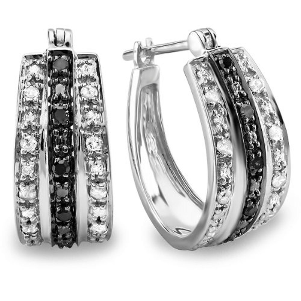 Dazzlingrock Collection 0.33 Carat (ctw) Black & White Round Diamond Hoop Earrings for Women - 1/3 CT Sterling Silver - Elegant Jewelry for Parties, Weddings & Special Occasions