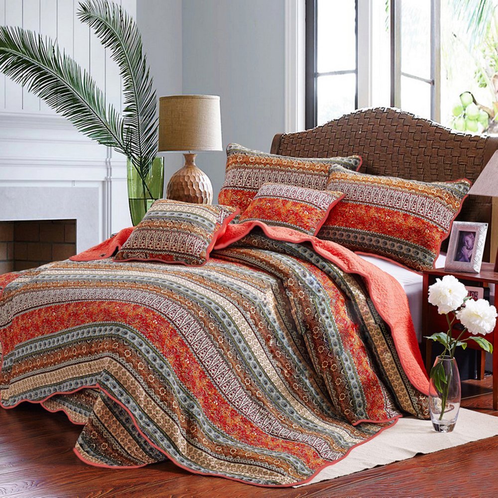 Newrara Boho 3-Piece Stripe Patchwork Quilt Set - Queen Size, Orange & White Cotton Bedding for Bohemian Style Bedroom Decor | Perfect for Guest Rooms, Dorm, or Cozy Home Makeover