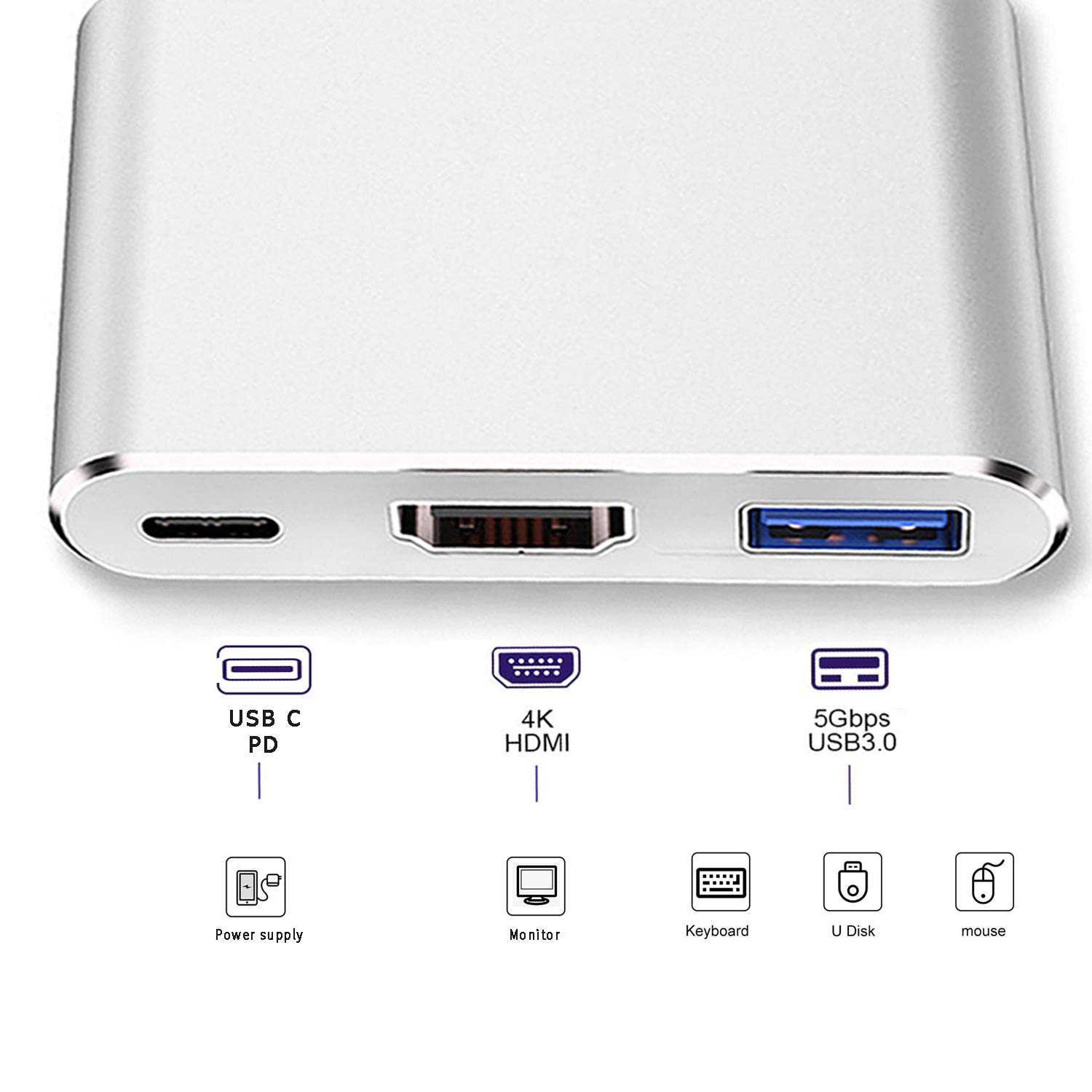 3-in-1 USB C Hub with HDMI 4K, USB 3.0 & PD Charging - for MacBook, iMac, Chromebook - Home & Office Use