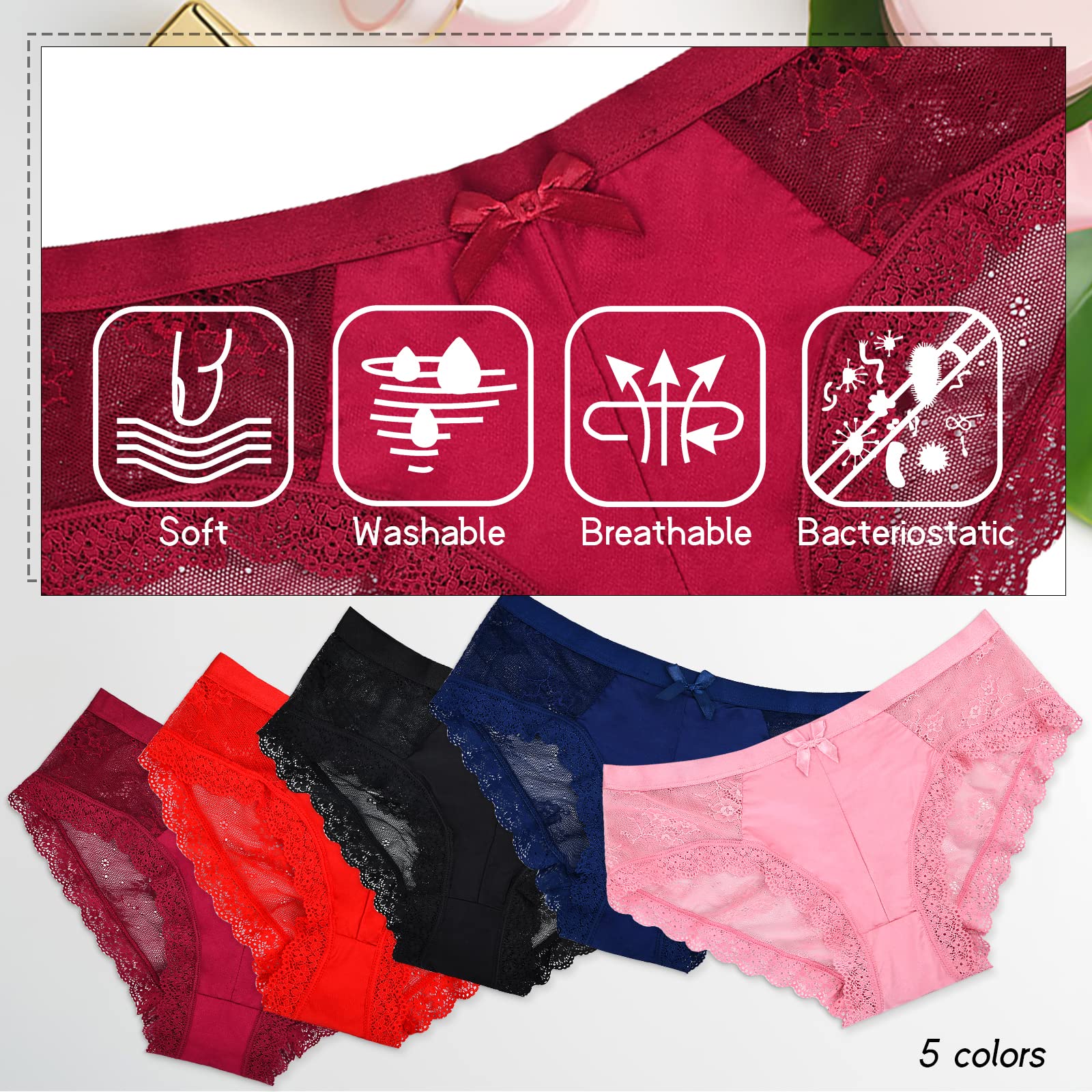 Women's Lace Underwear Multipack - 5 Pack Ultra Thin Floral Lace Panties with Bow | Sexy Low Rise Bikini Briefs | Stretchy Comfortable Hipster Underwear for Everyday Wear & Special Occasions
