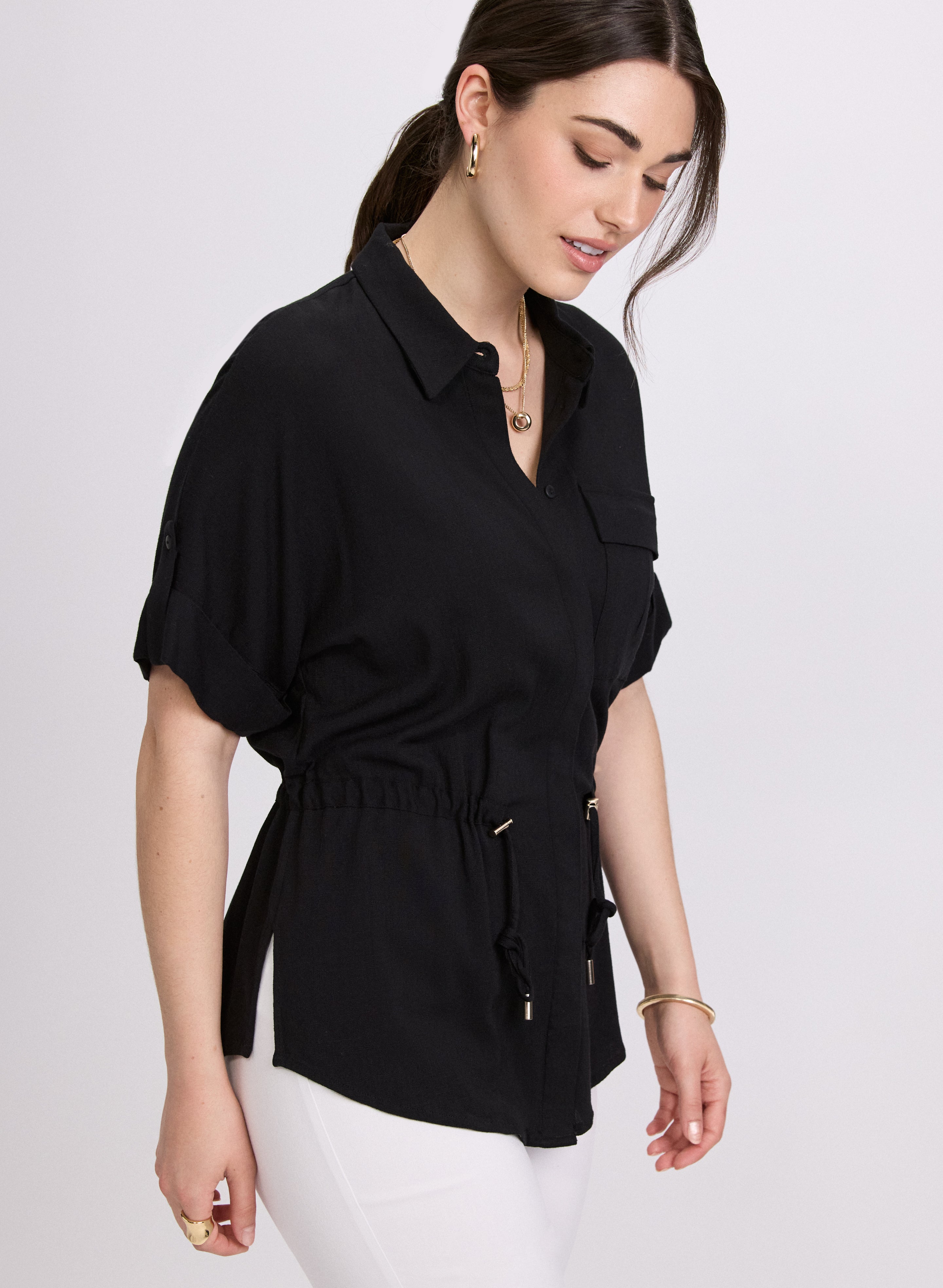 Elegant Drawstring Waist Blouse for Women - Flowy Tunic Top with Adjustable Tie - Perfect for Casual Outings, Office Wear & Summer Dresses