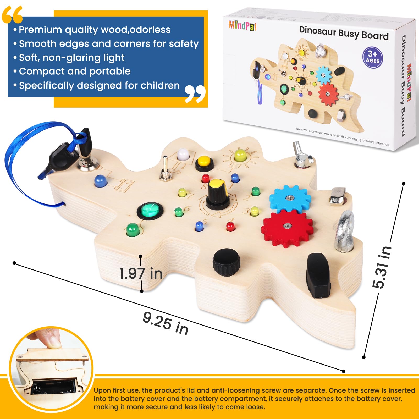 Montessori Busy Board for Toddlers - Wooden Sensory Toy with 12 LED Lights, Learning Activity Board for 3 Year Olds - Perfect for Early Childhood Development & Travel Entertainment