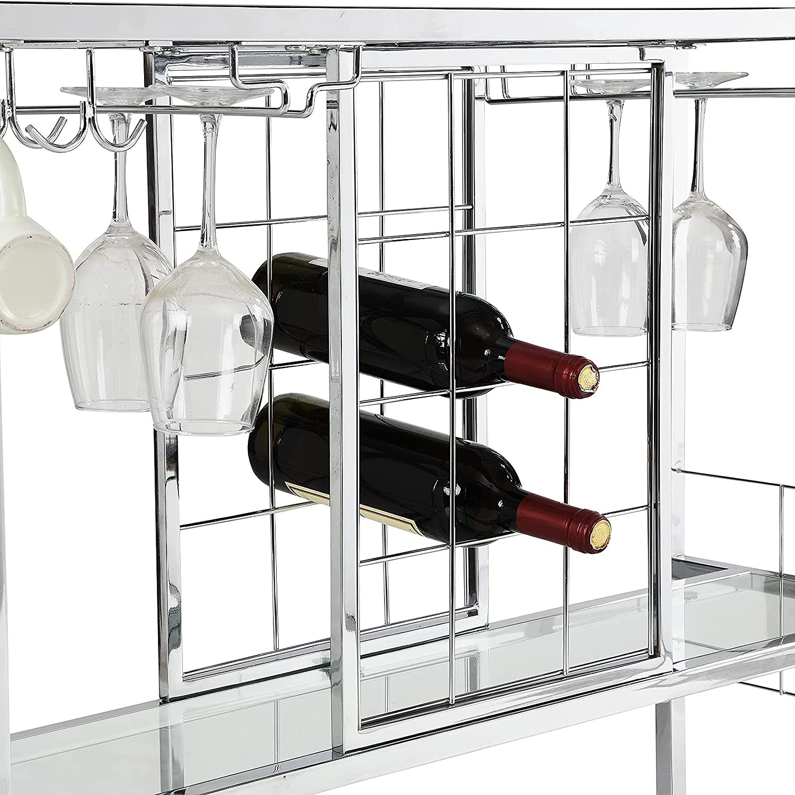 Modern Metal Wine Bar Cabinet with Glass Holder & 12-Bottle Storage - Wine Rack Table with Glass Shelves for Home, Kitchen & Dining Room - Perfect for Entertaining, Wine Display & Organized Liquor Storage