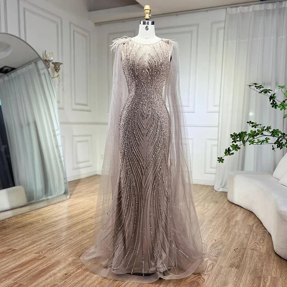 Serene Hill Pink Mermaid Evening Gown with Elegant Cape Sleeves - 2025 Luxury Feather & Beaded Prom Dress for Women - Perfect for Formal Parties, Galas & Special Occasions
