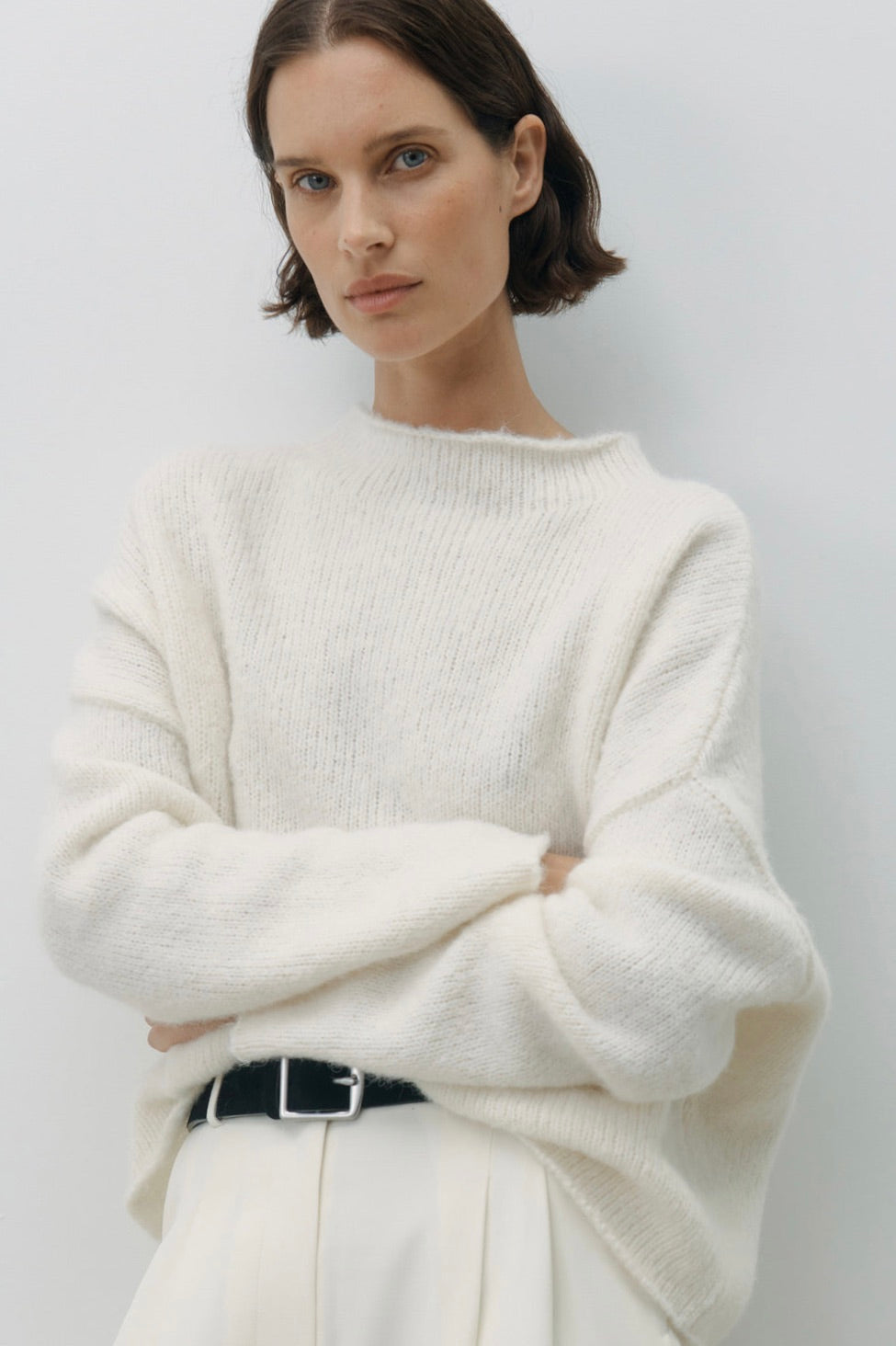 Apolline Cream Rolled Mock Neck Alpaca Wool Blend Knit Sweater for Women | Soft Winter Pullover for Casual & Office Wear
